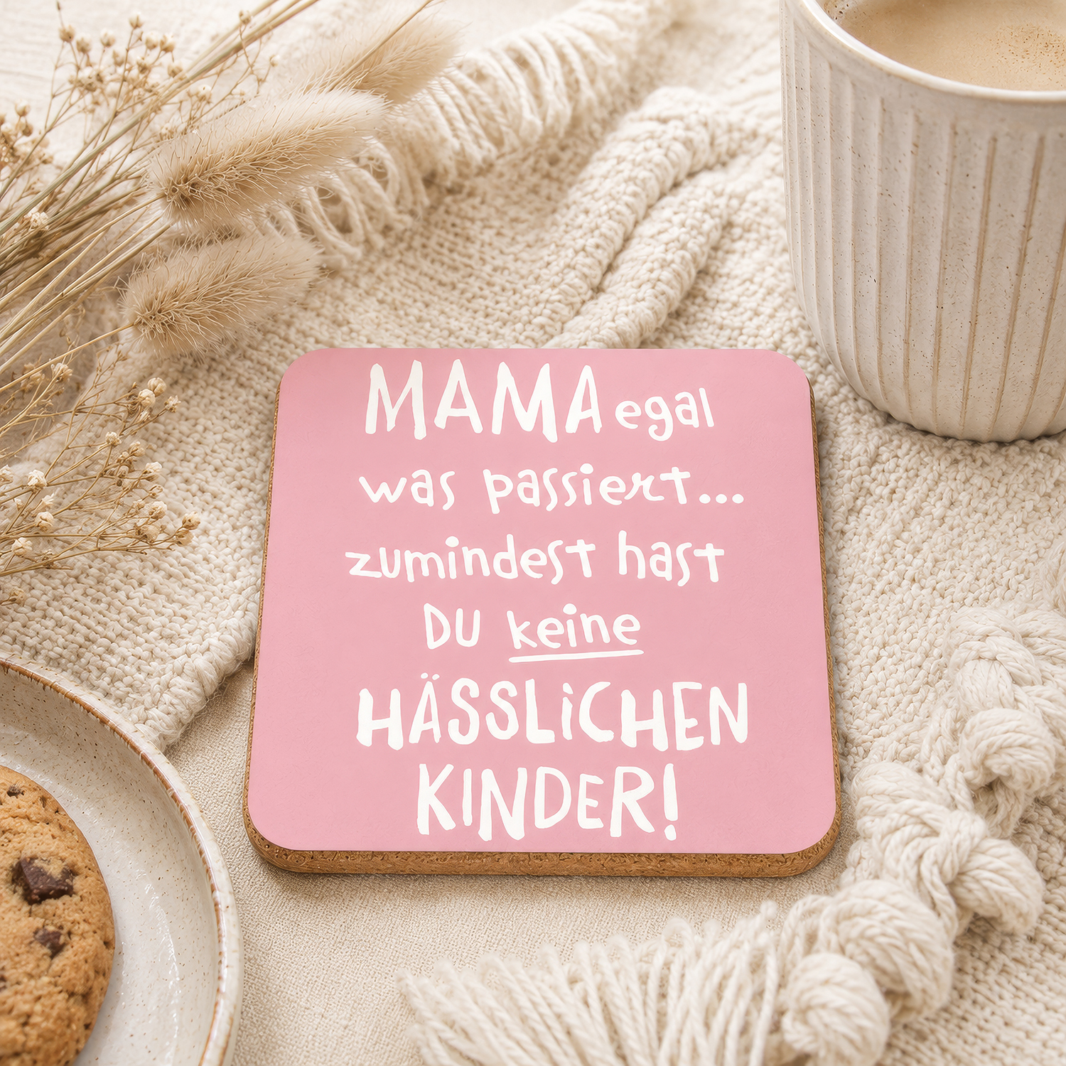 Rosa Untersetzer mit weißem Spruchtext für Mama