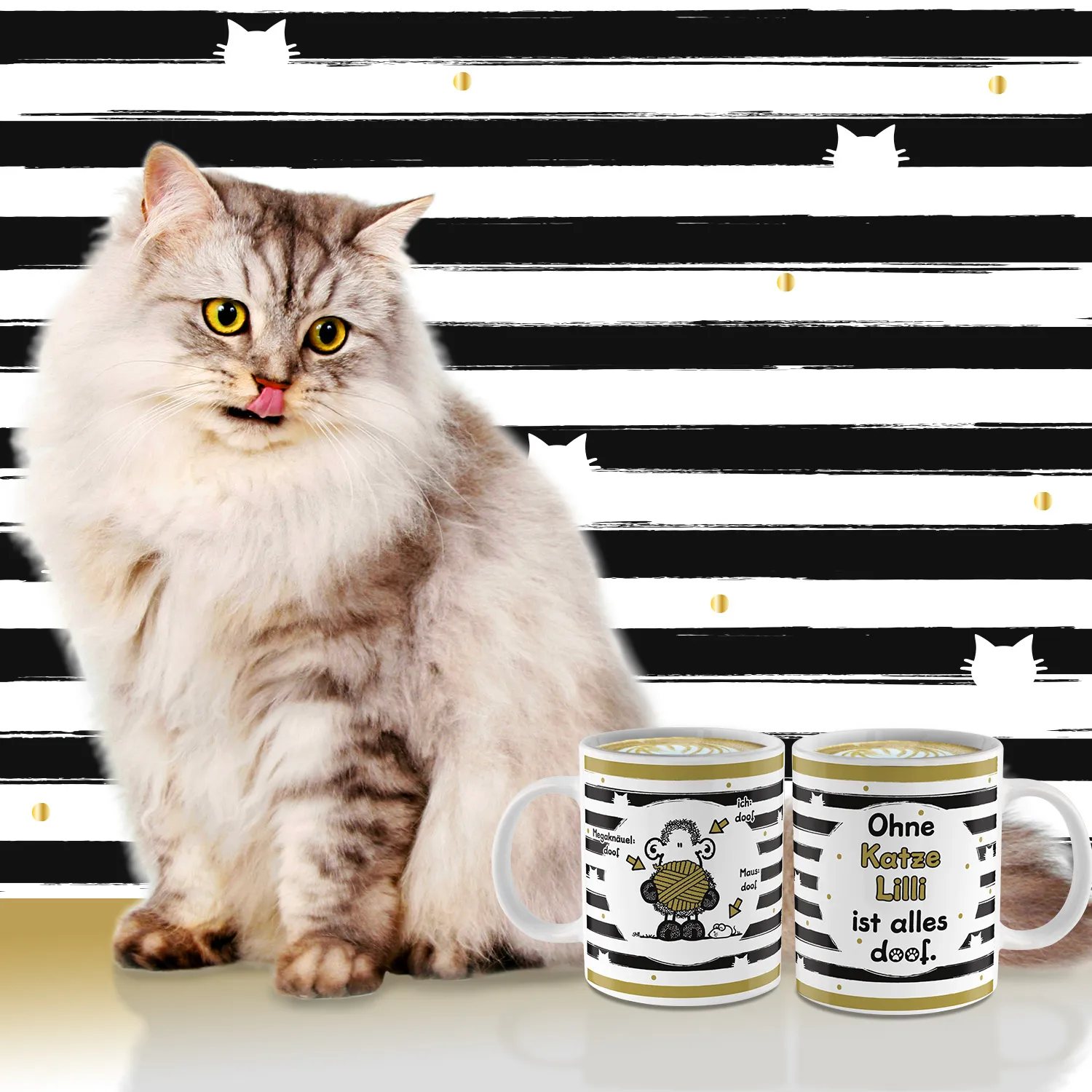 Weiße Porzellan-Tasse mit schwarz-goldenen Streifen und dem Spruch Ohne Katze Lilli ist alles doof.
