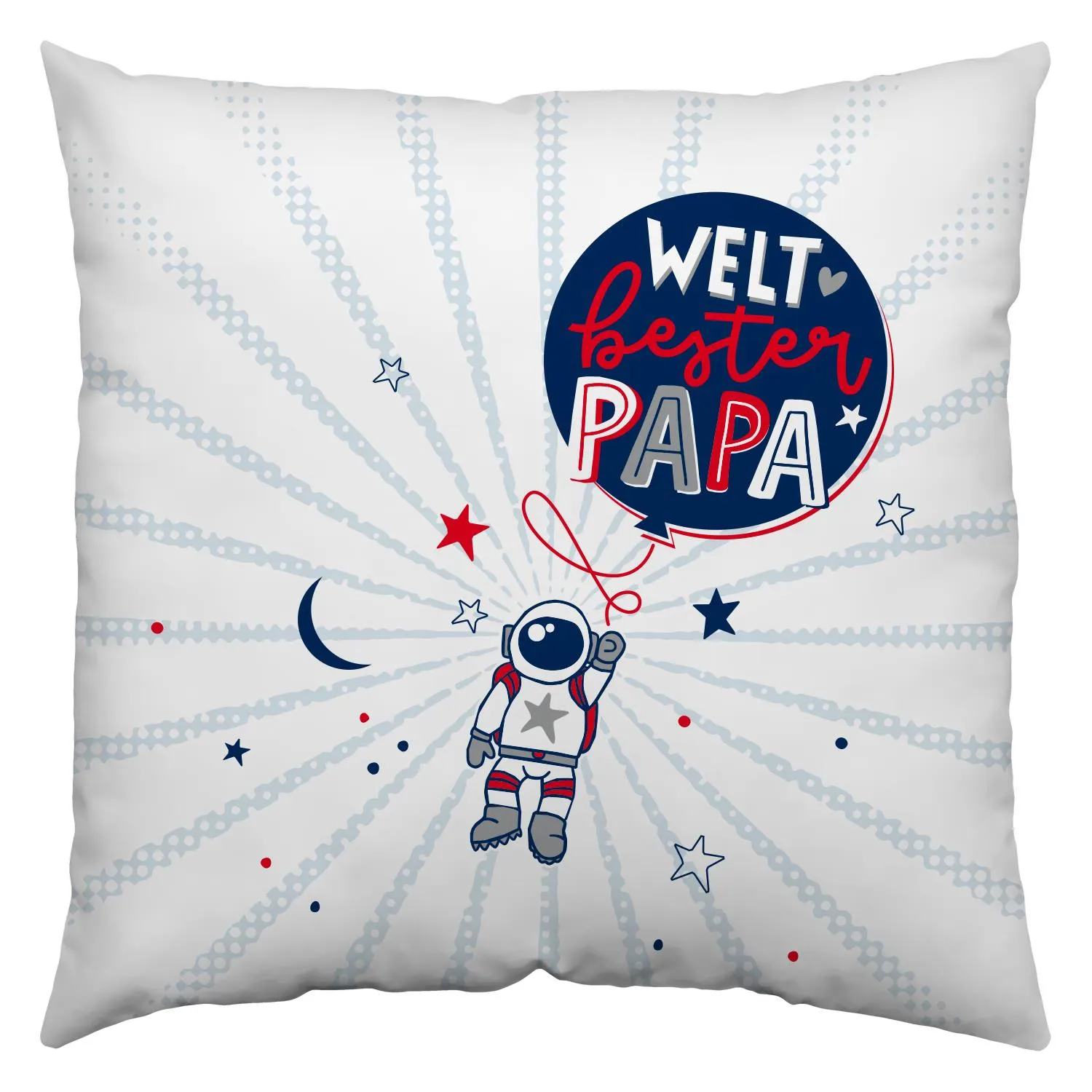 Weißes Baumwollkissen mit Astronauten-Motiv und Schriftzug Welt bester Papa in Blau-Rot.