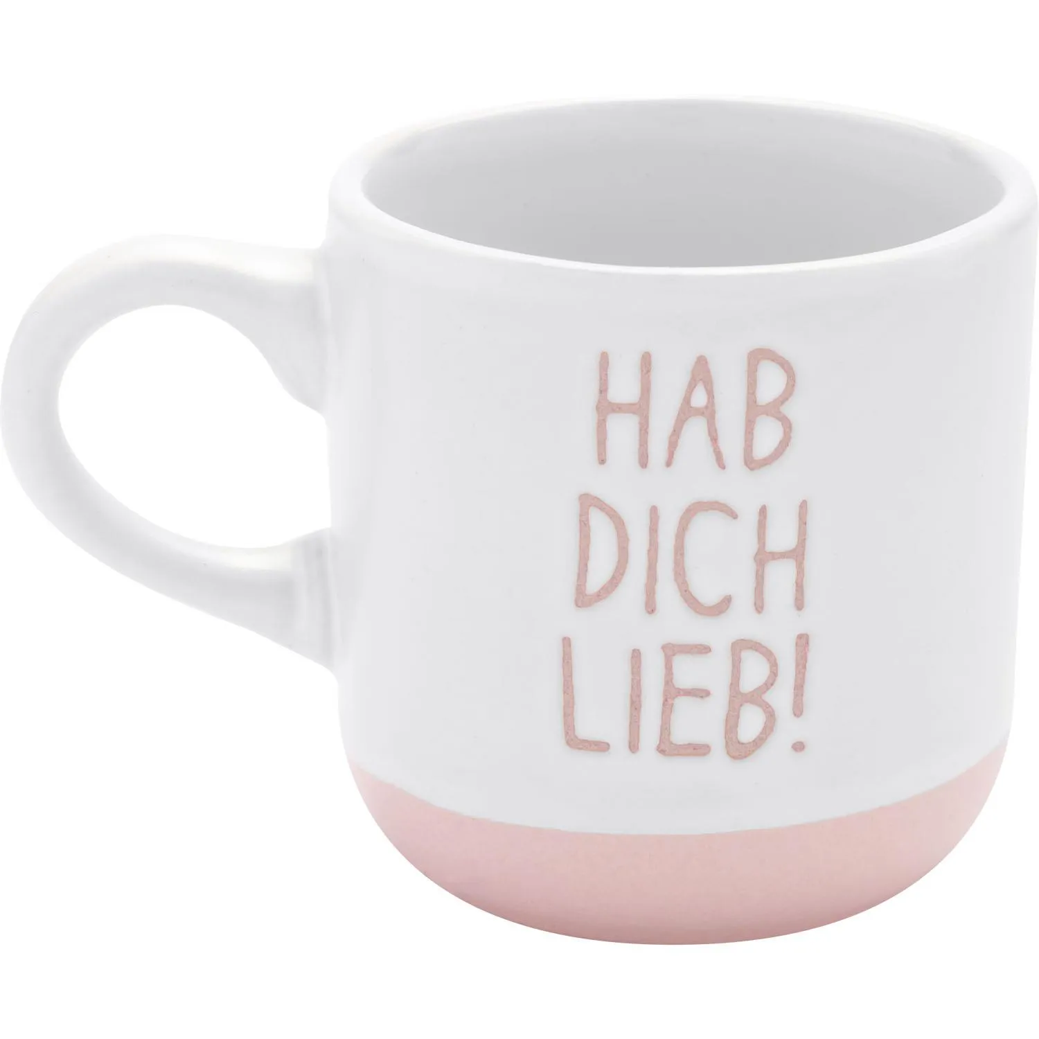Weiße Espressotasse mit rosa Gravur 'Hab dich lieb' und rosa Boden, matte Oberfläche.