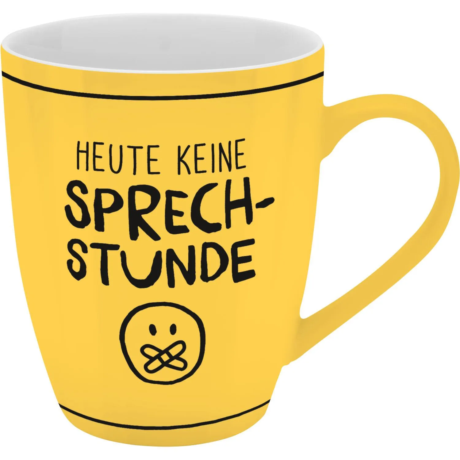 Gelbe Porzellan-Tasse mit Schriftzug Heute keine Sprechstunde und kleinem Gesicht, Geschenkbox.