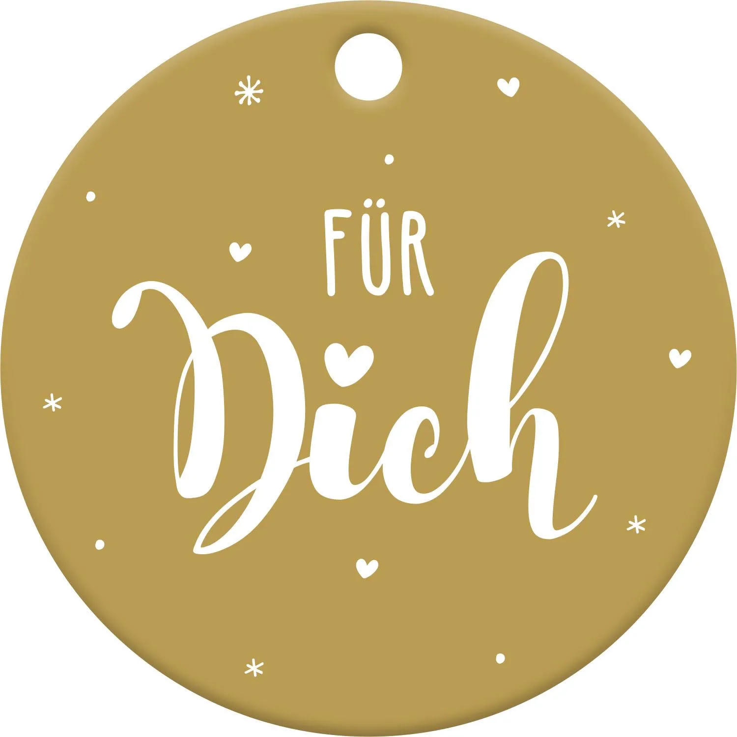 Runder goldener Geschenkanhänger mit Schriftzug 'Für Dich' und weißen Akzenten