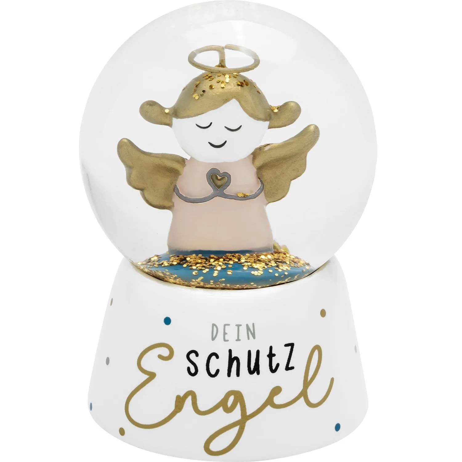 Schneekugel mit Schutzengel-Figur aus Polyresin, Glasglobus, goldene Glitterherzen, weißer Sockel.