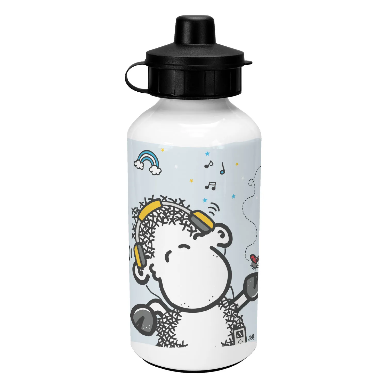 Weiße Alu-Trinkflasche mit Schäfchen-Kopfhörer-Motiv, personalisierbar