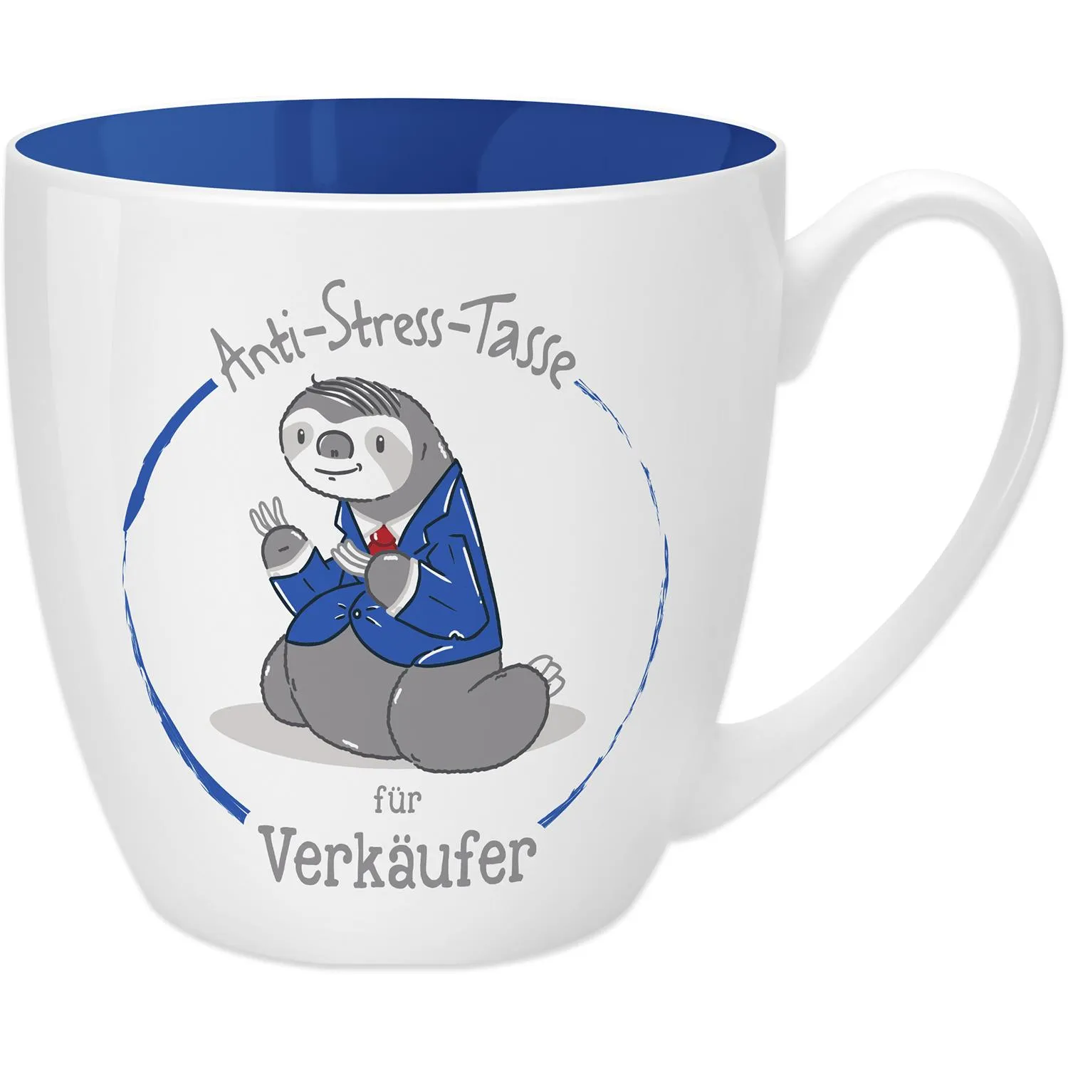 Weiße Tasse mit blauem Innenraum und Sloth im Anzug – Anti-Stress-Tasse für Verkäufer