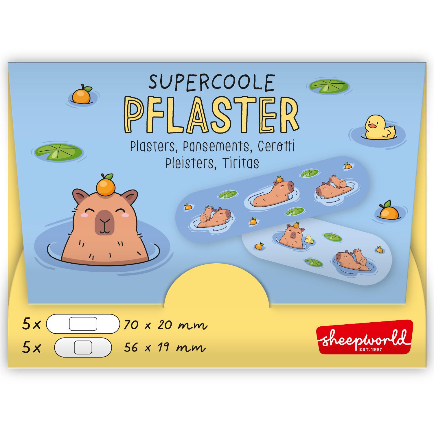 Pflaster Capybara – blaue Verpackung mit niedlichen Capybara-Motiven auf Pflasterbögen