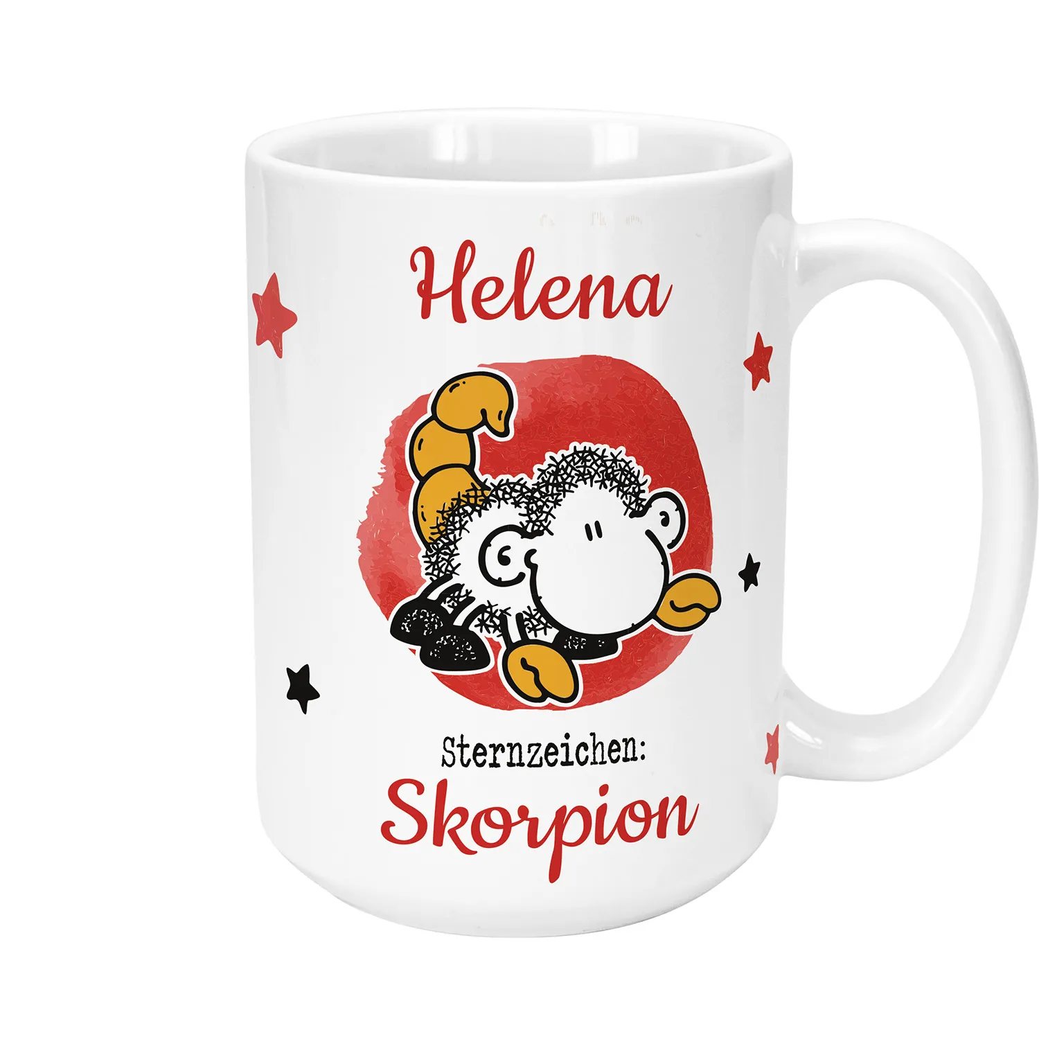 Weiße Keramiktasse mit personalisiertem Namen und Skorpion-Sternzeichen, niedliches Schaf-Motiv.