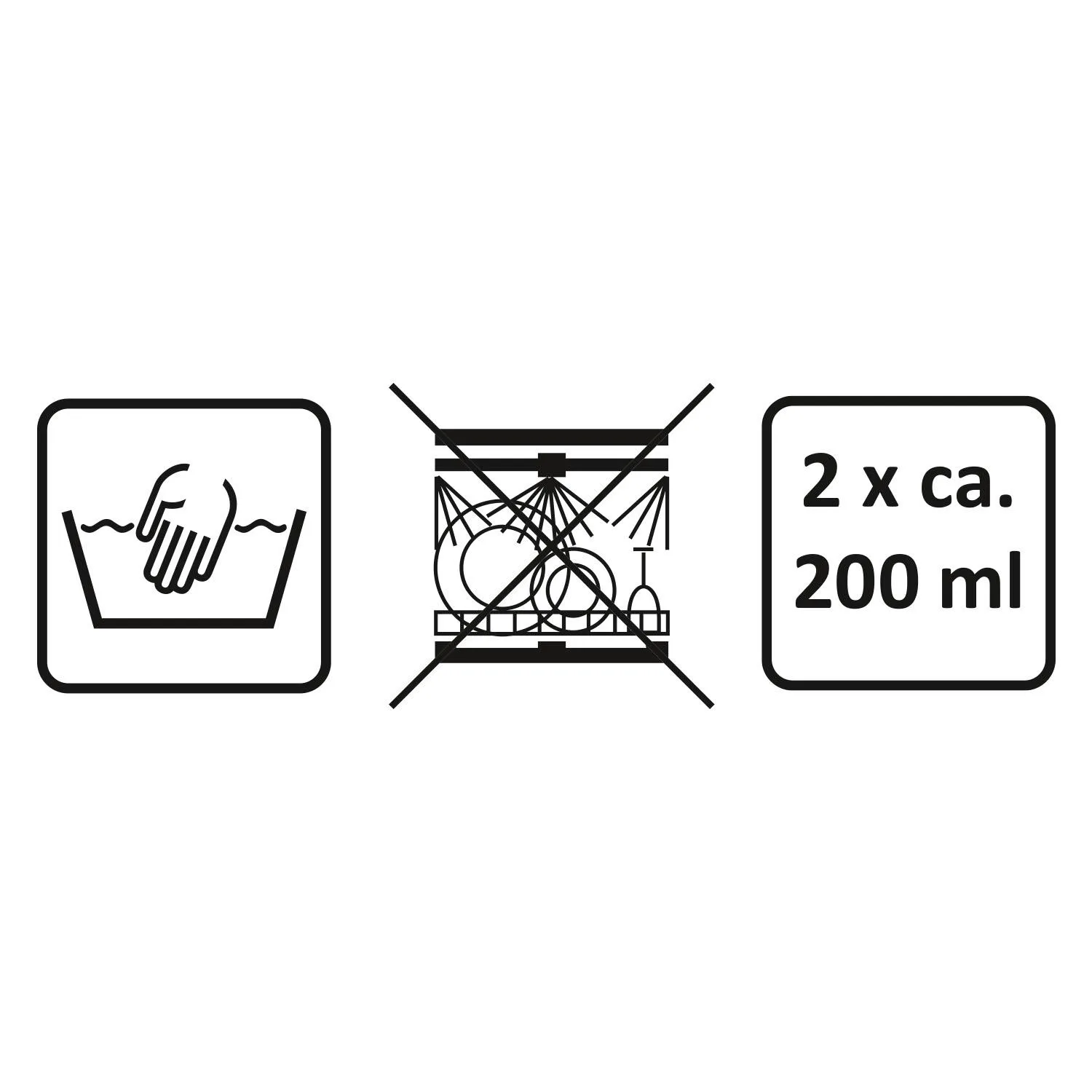 Symbolset Pflegehinweise: Hände waschen, kein Geschirrspüler, 2x ca. 200 ml