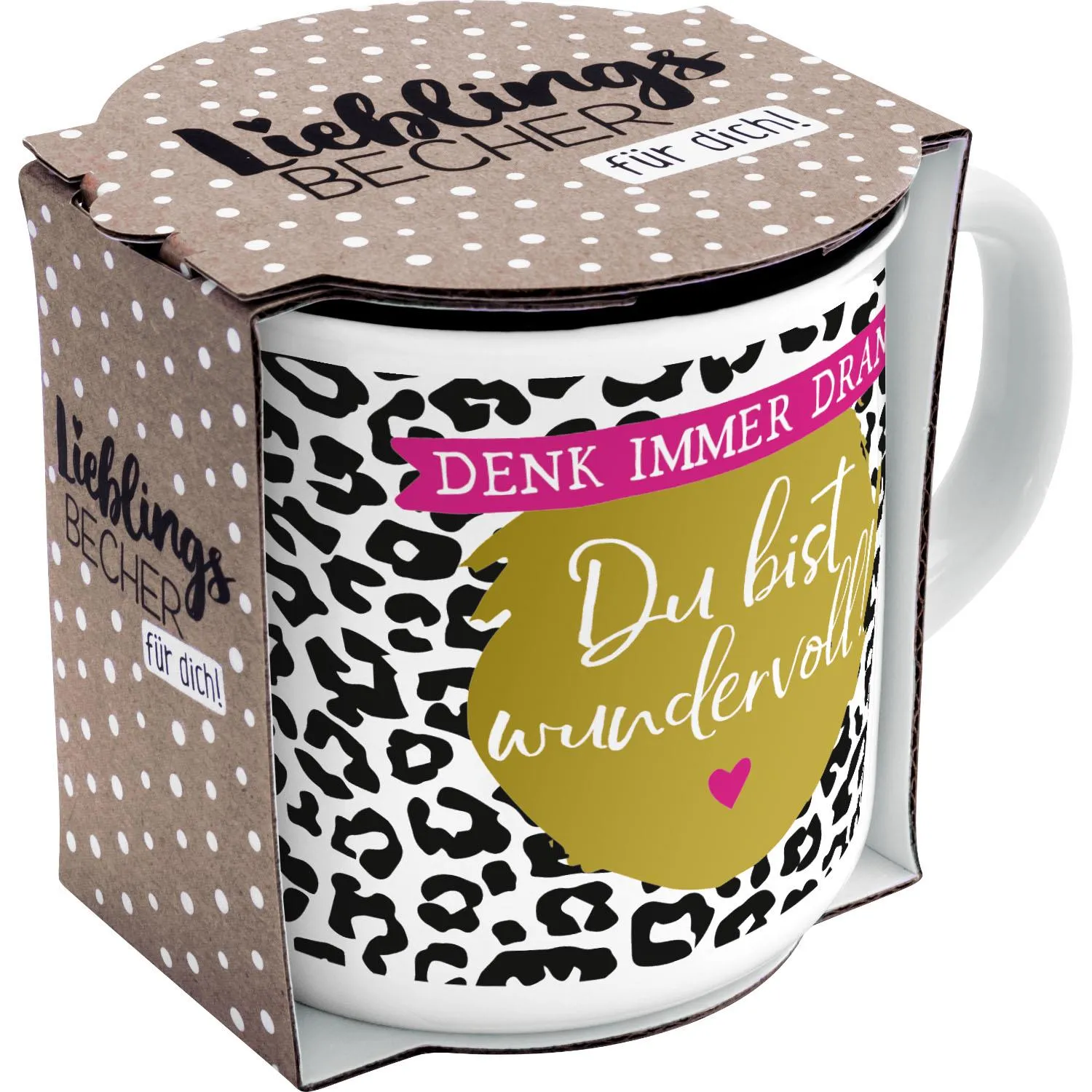 Lieblingsbecher mit Leopardenmuster, Golddruck und pinkem Banner – 350 ml Porzellan, Geschenkband.