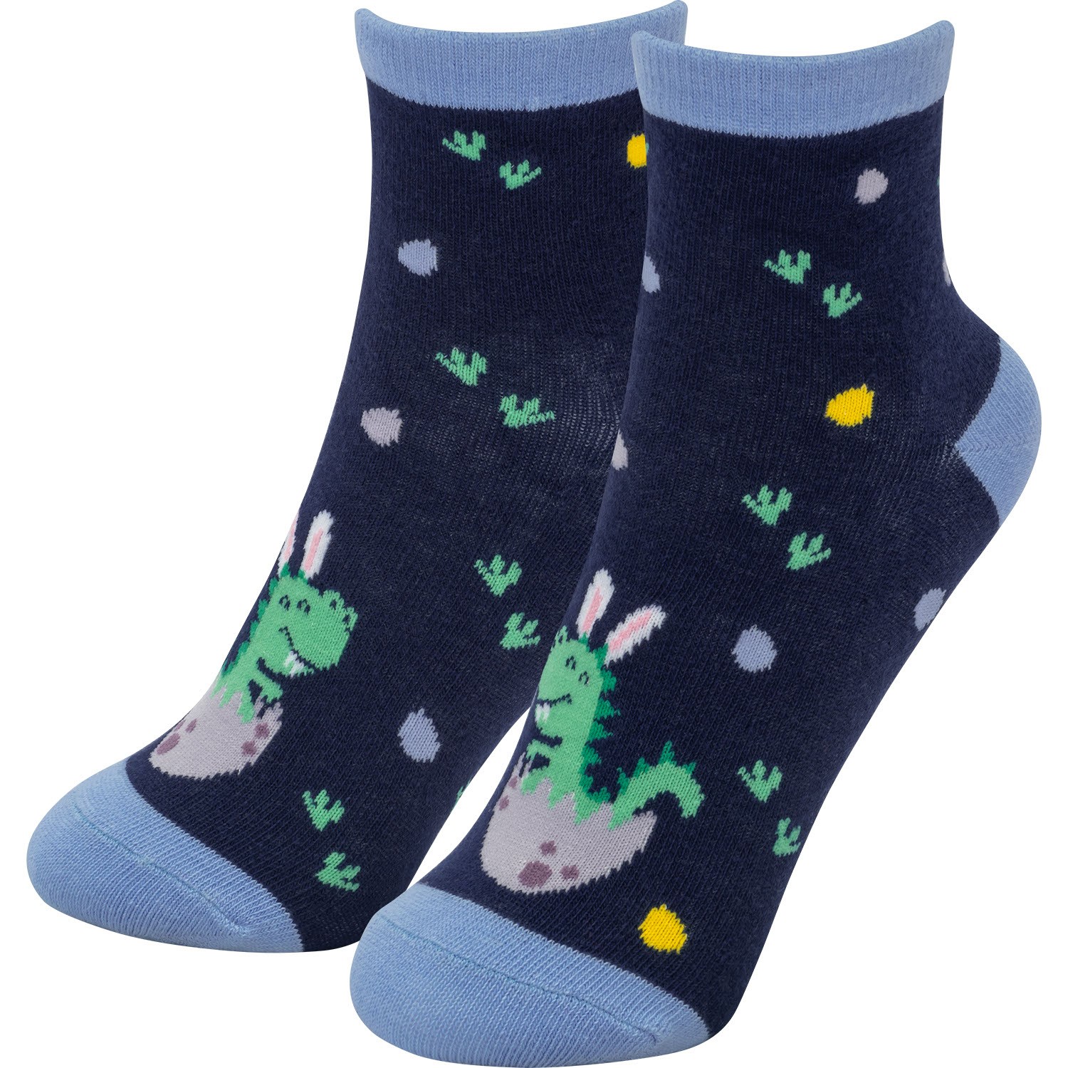 Dunkelblaue Kindersocken mit grünem Dino-Motiv und hellblauem Rand