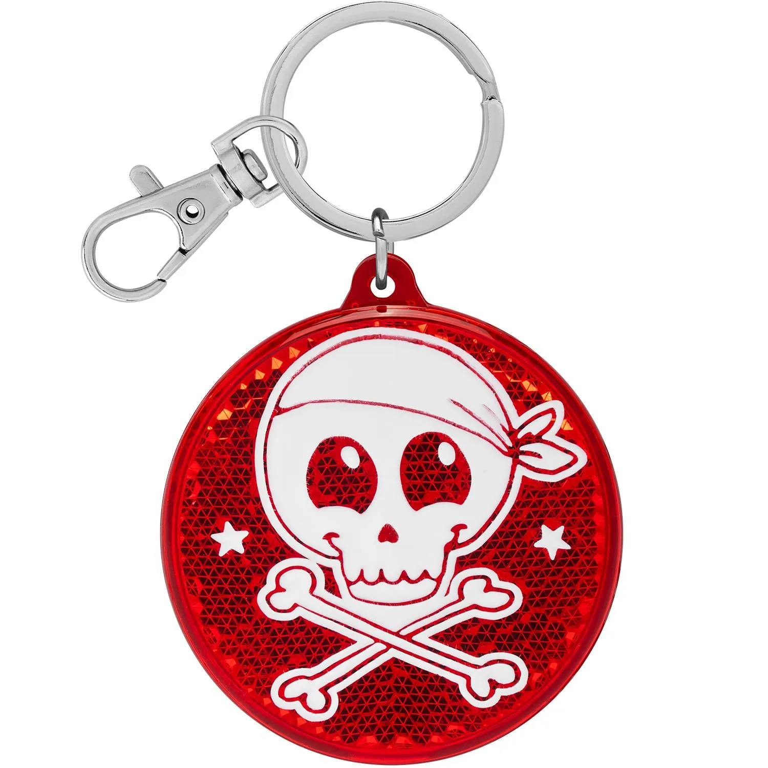 Roter Reflektor mit Totenkopf-Motiv, inkl. Schlüsselring – sicherer Sichtkontakt für Kinder.