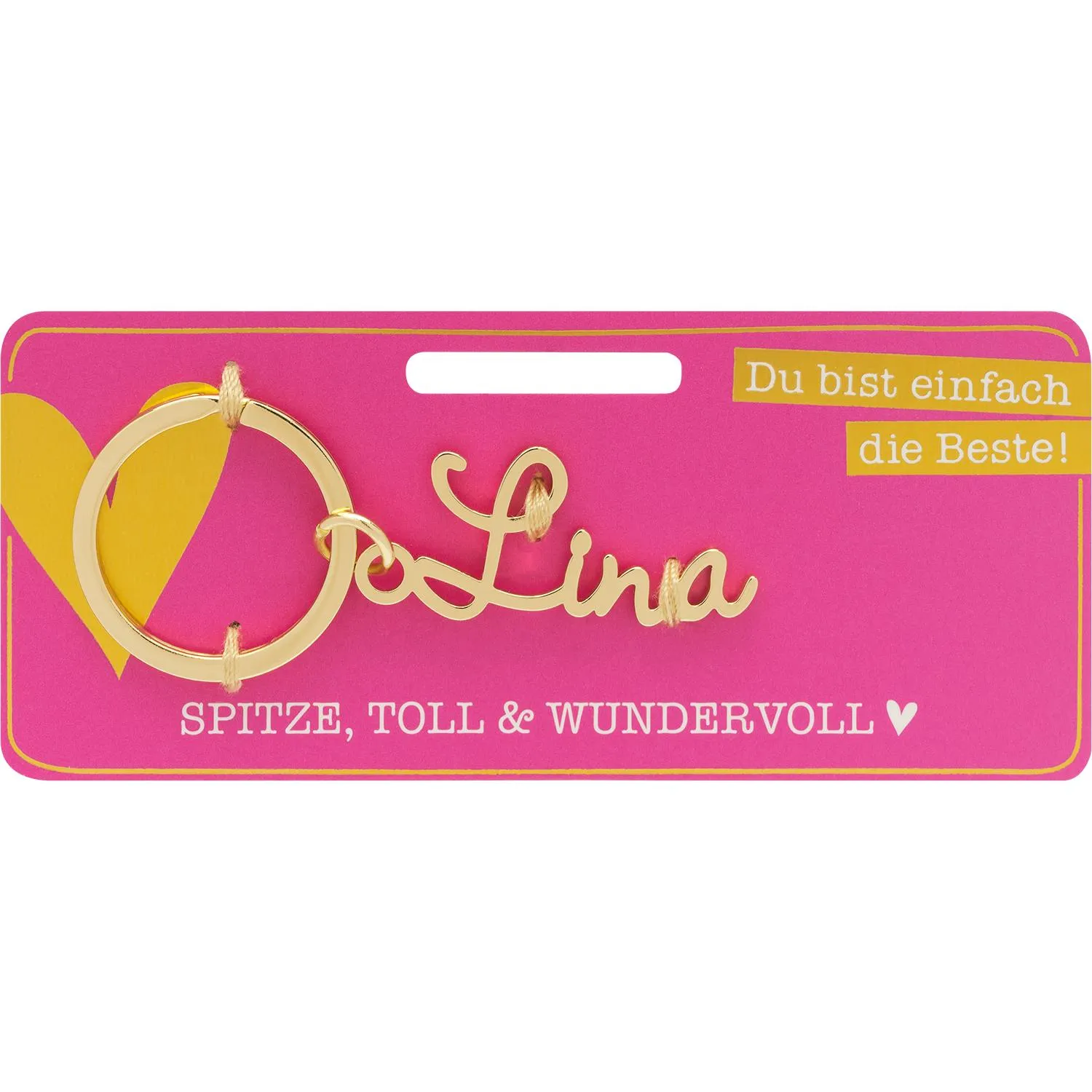 Goldener Namens-Schlüsselanhänger Lina auf pinker Kartenoberfläche