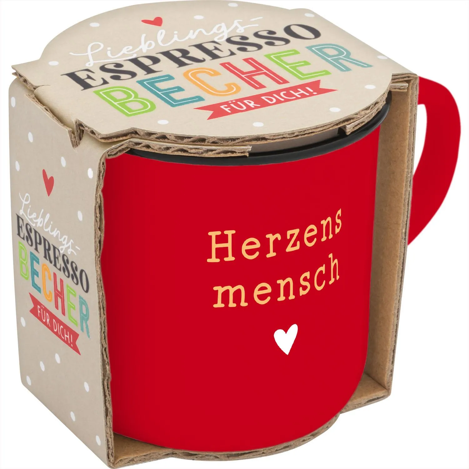 Roter Porzellan-Espressobecher mit Goldschrift 'Herzensmensch' und kleinem Herz.