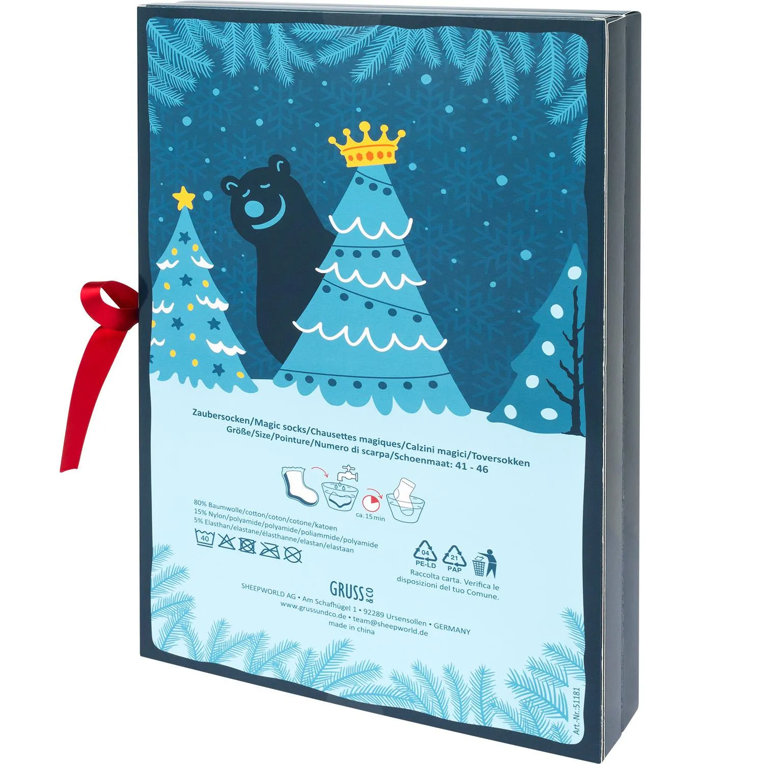 Zweier-Adventskalender-Socken im Doppelpack in blauer Verpackung mit roter Schleife