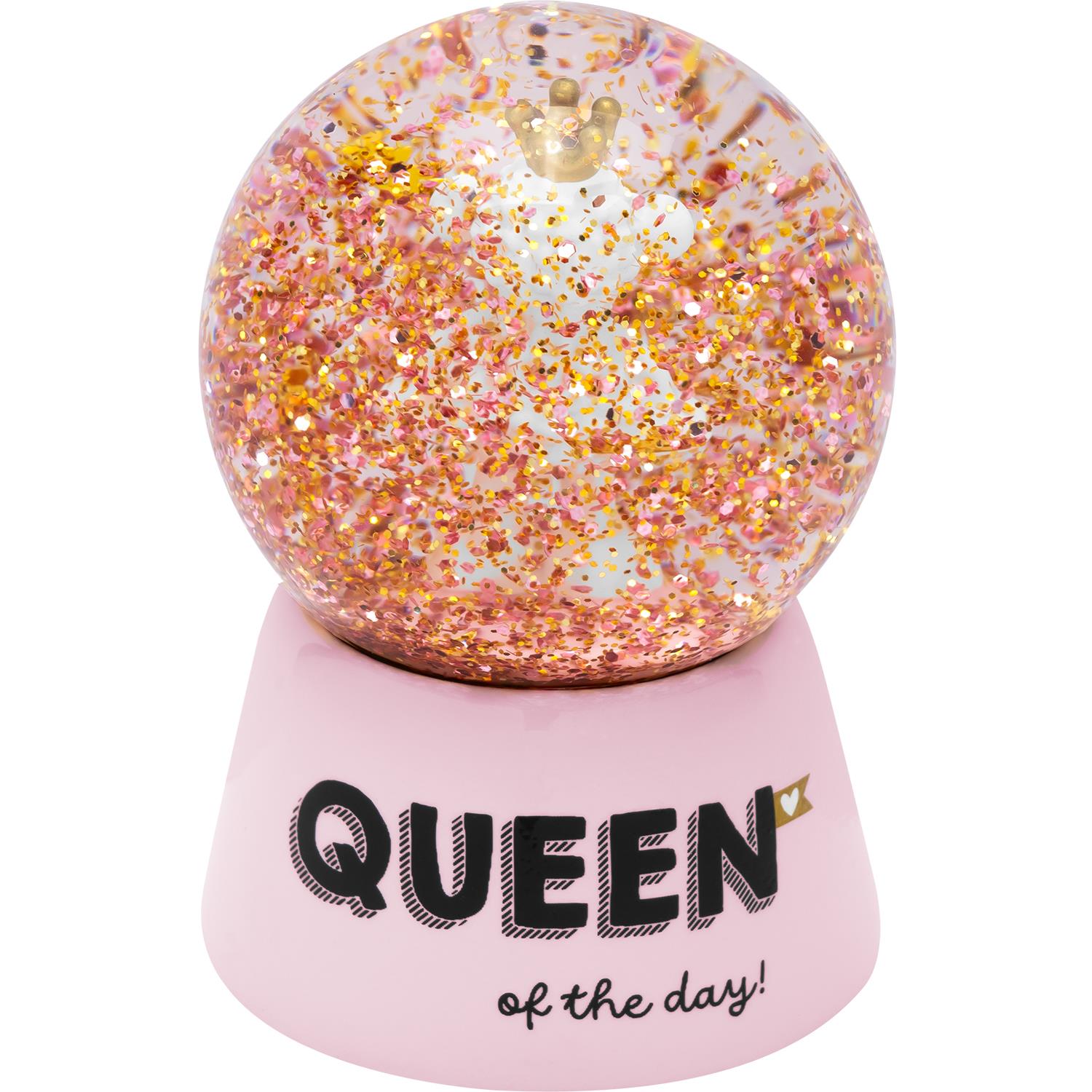 Pinke Schneekugel mit 3D-Schaffigur und Kronenglitzer auf rosafarbener Basis