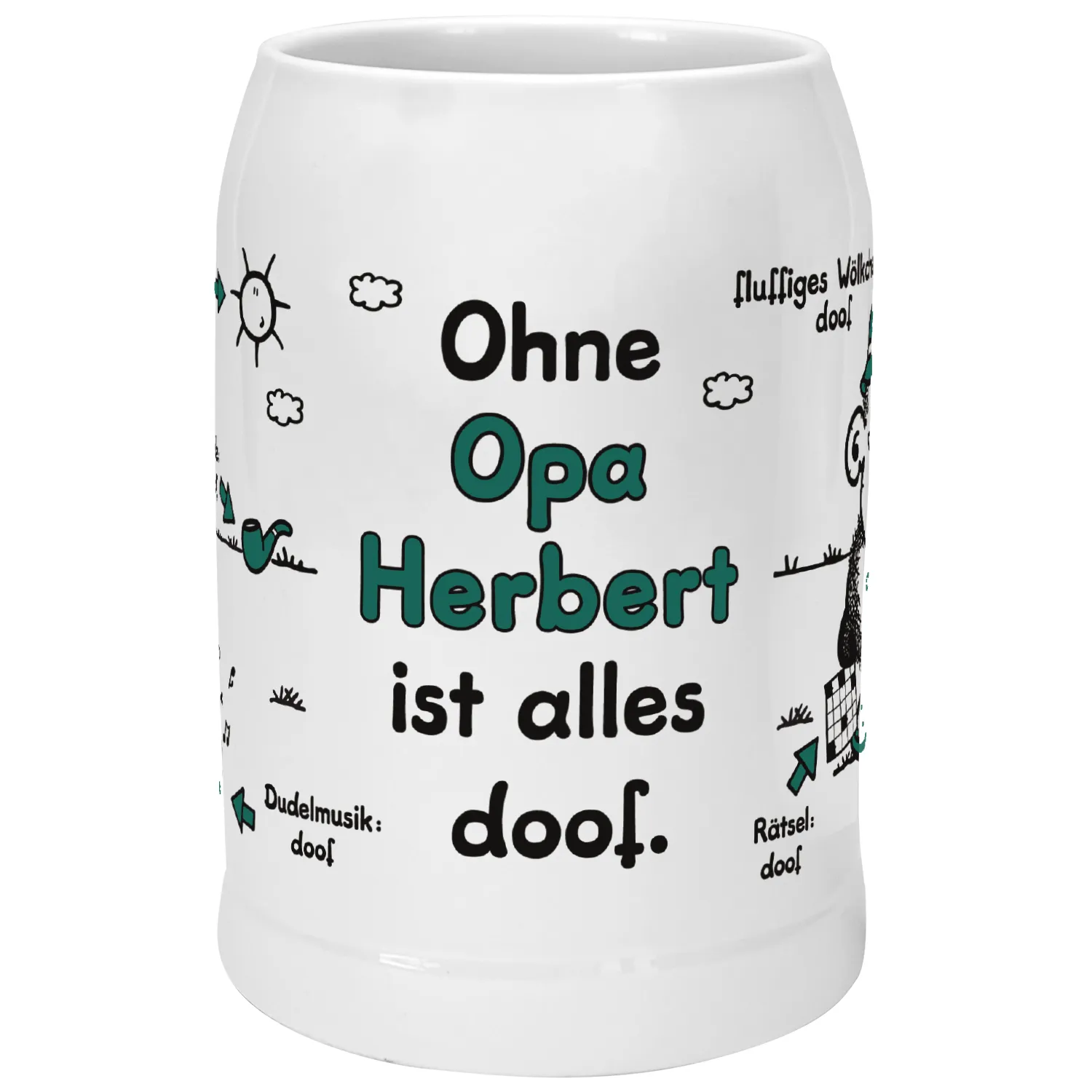 Weiße Keramik-Tasse mit Spruch 'Ohne Opa Herbert ist alles doof' in Türkis.