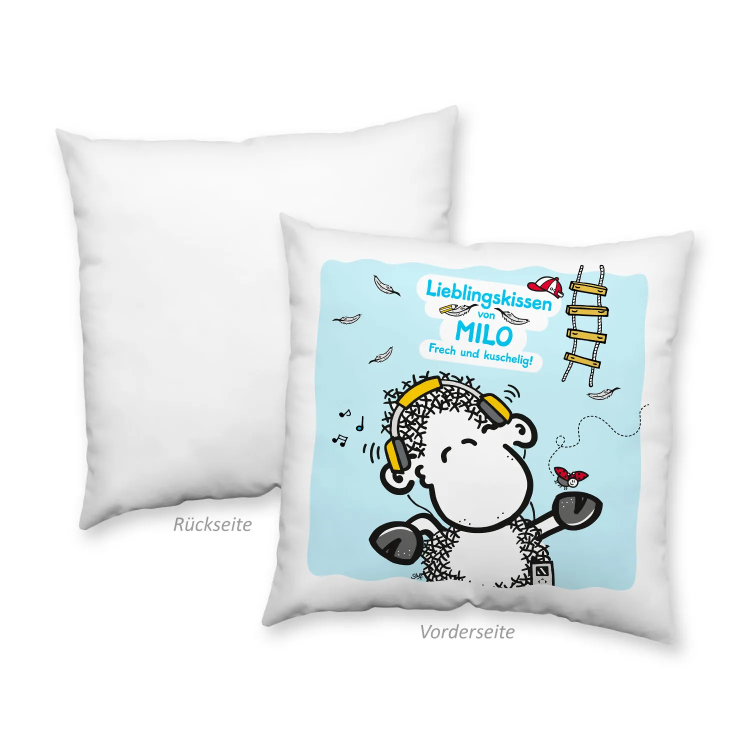 Weißes Kissen mit blauem Motiv: Schaf mit Kopfhörern auf hellblauem Hintergrund.