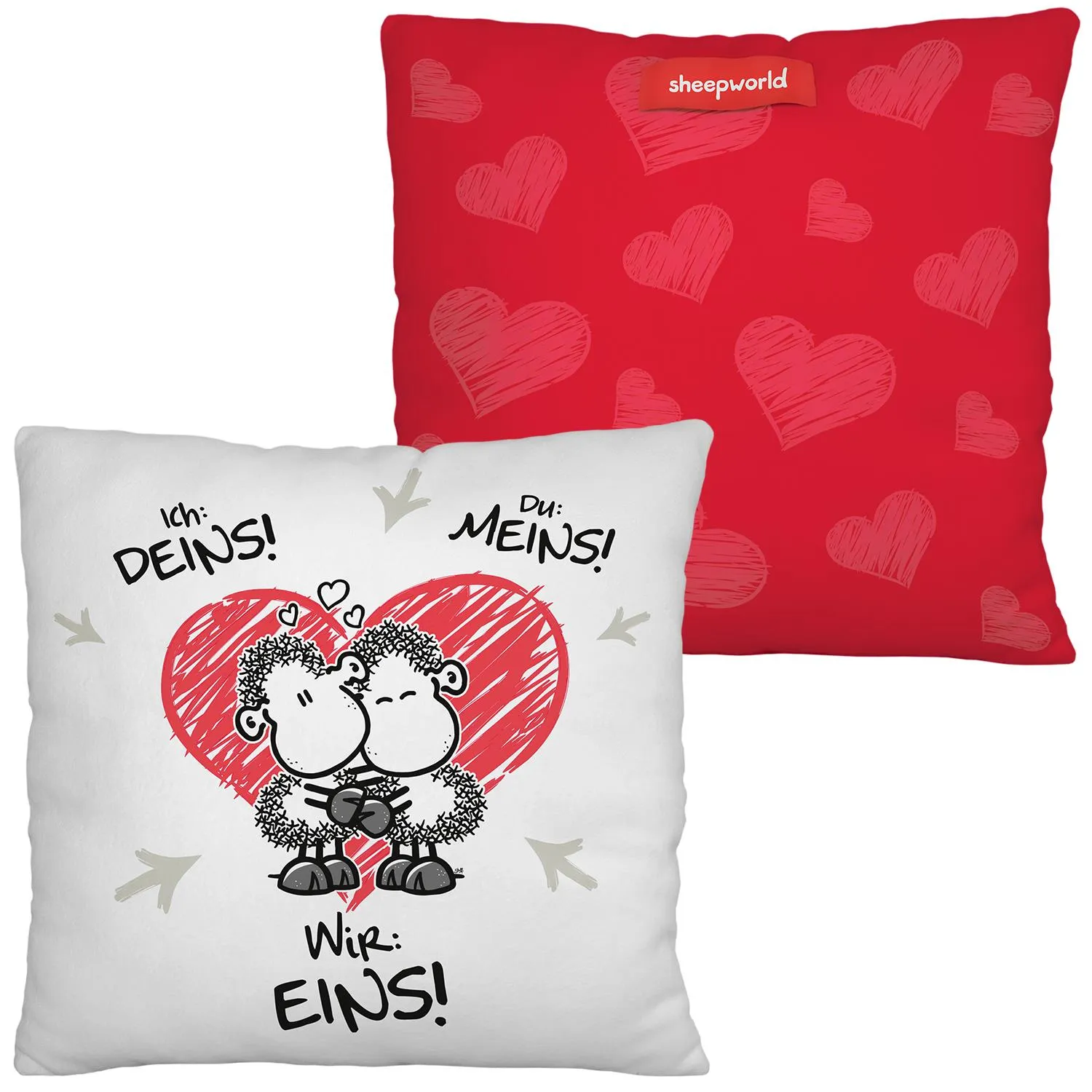 Kuscheliges Plüschkissen mit zwei Schäfchen, die sich küssen, auf weißer Vorderseite; Rückseite rotes Herzmuster.