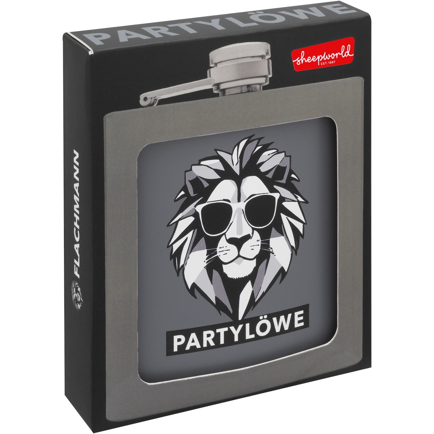 Flachmann aus Edelstahl mit Partylöwe-Motiv im Geschenkset, 180 ml