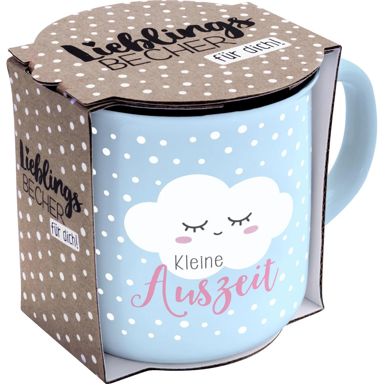 Pastellblauer Porzellan-Becher mit Wolke und Kleine Auszeit Schrift, weiße Punkte.