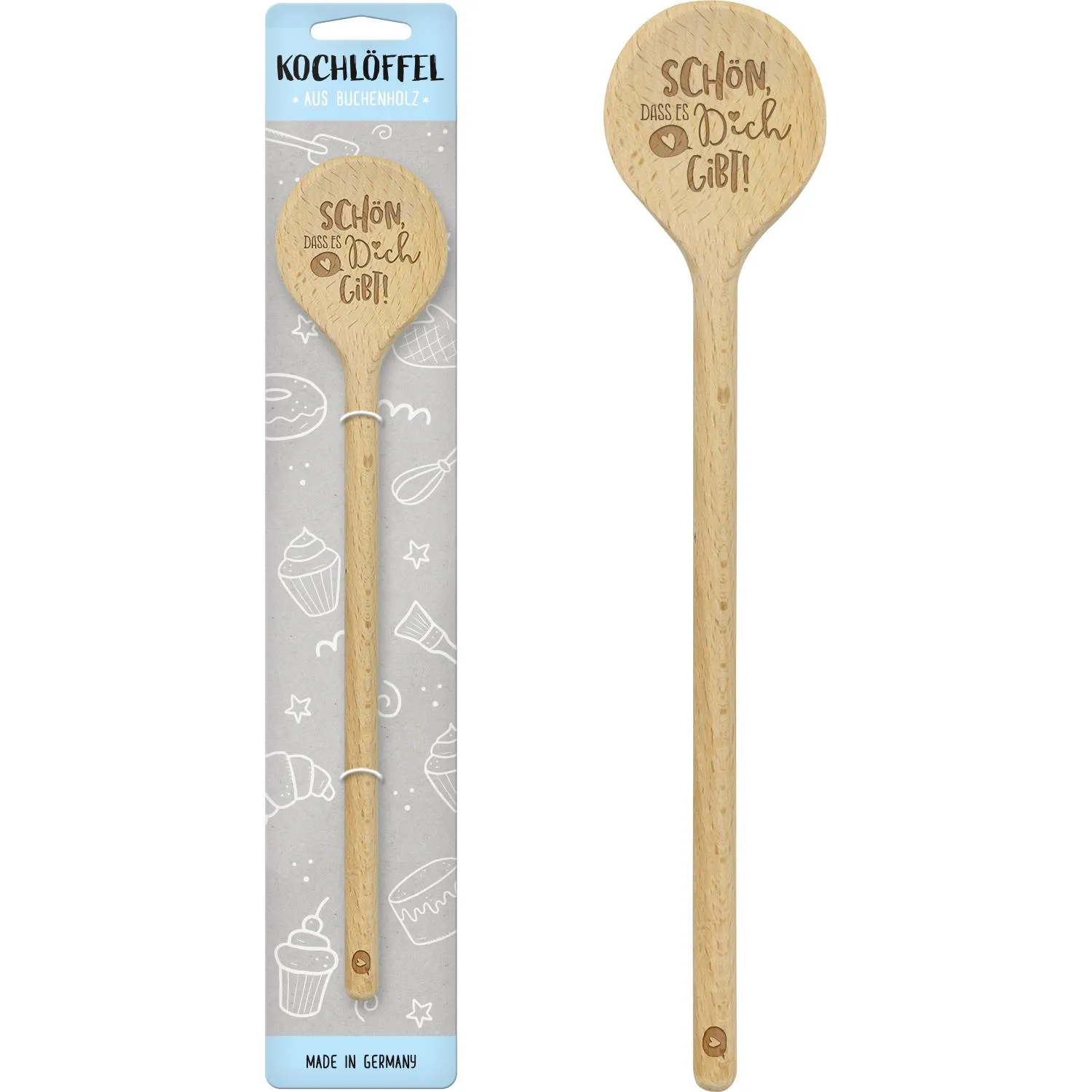 Kochlöffel aus Buchenholz mit eingebrannter Botschaft 'Schön, dass es Dich gibt!'