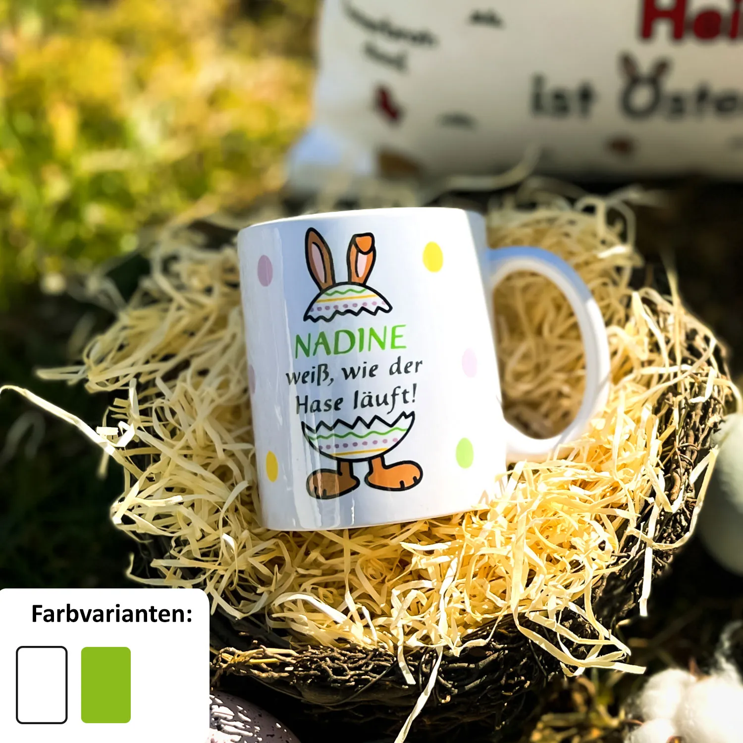 Personalisierte Porzellan-Tasse mit Osterhase, Namensdruck Nadine, pastellfarbene Eier