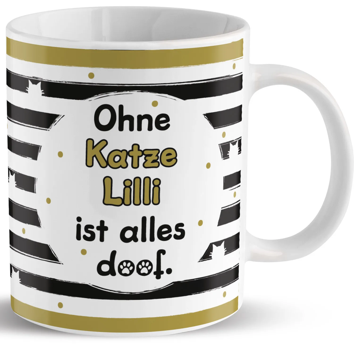 Weiße Porzellan-Tasse mit schwarzem Spruch und goldenen Akzenten