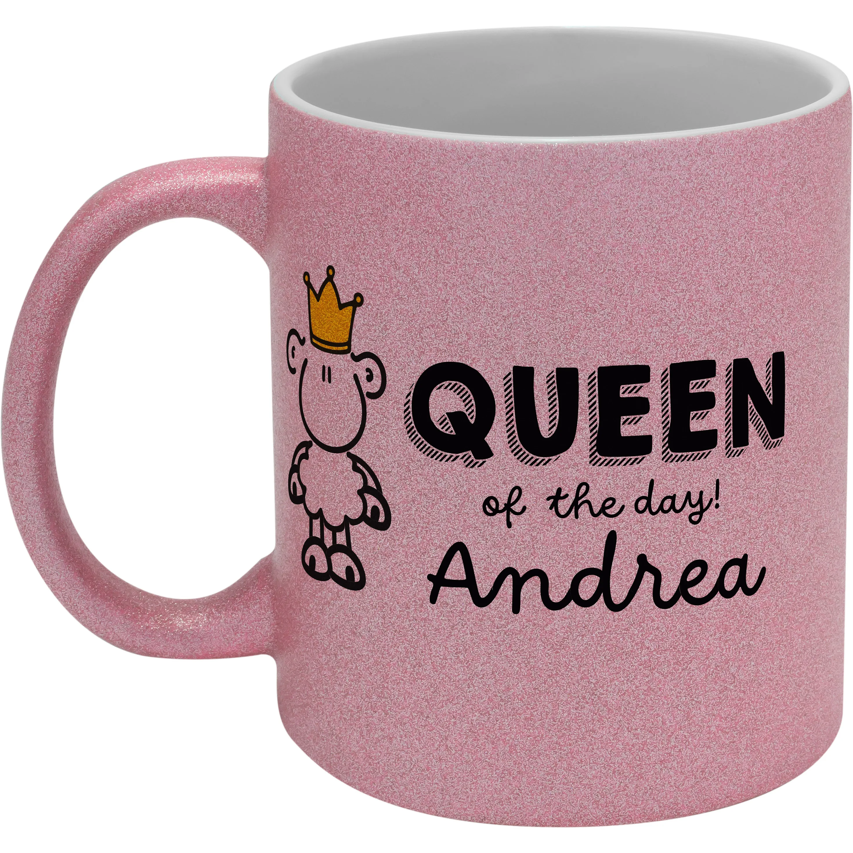 Rosa Glitzer-Tasse mit Schaf-Krone und personalisiertem Namen (Queen of the day Andrea)