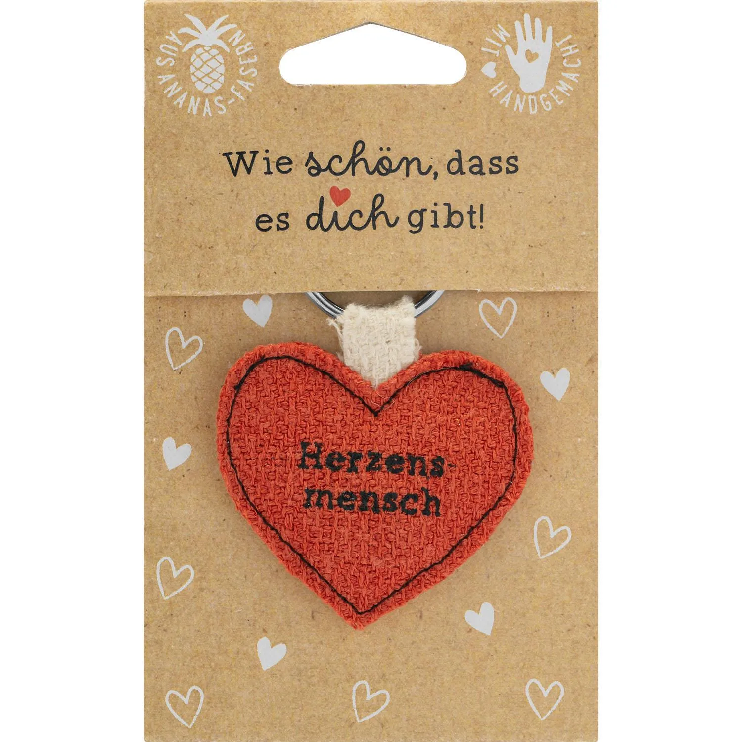 Roter herzförmiger Schlüsselanhänger aus Textil mit Schriftzug Herzensmensch