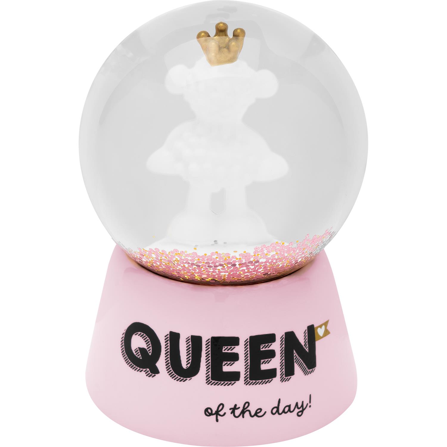 Schneekugel mit 3D-Schaffigur und Krone auf rosa Sockel, Queen of the Day