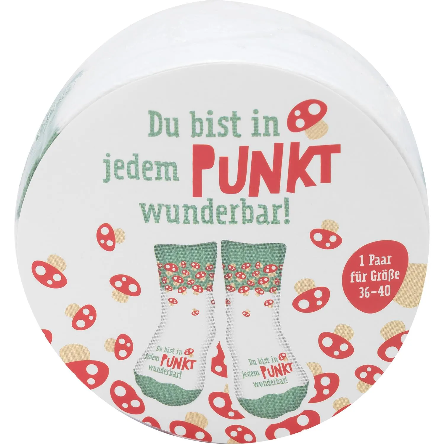 Weiße Zaubersocken mit Fliegenpilz-Motiv und Spruch 'Du bist in jedem Punkt wunderbar!'