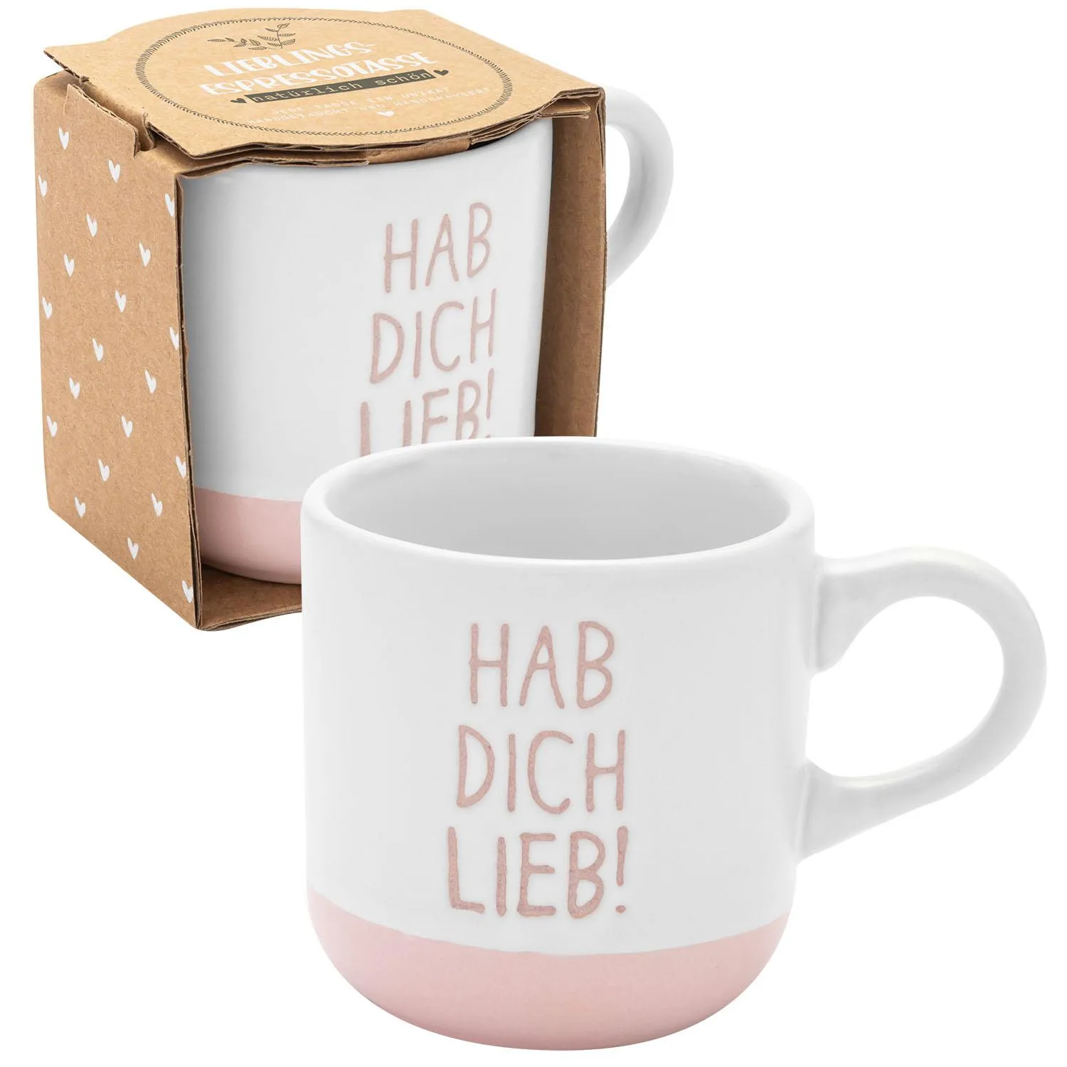 Weiße Espressotasse mit rosa Gravur 'Hab dich lieb' und rosa Boden, Geschenkverpackung