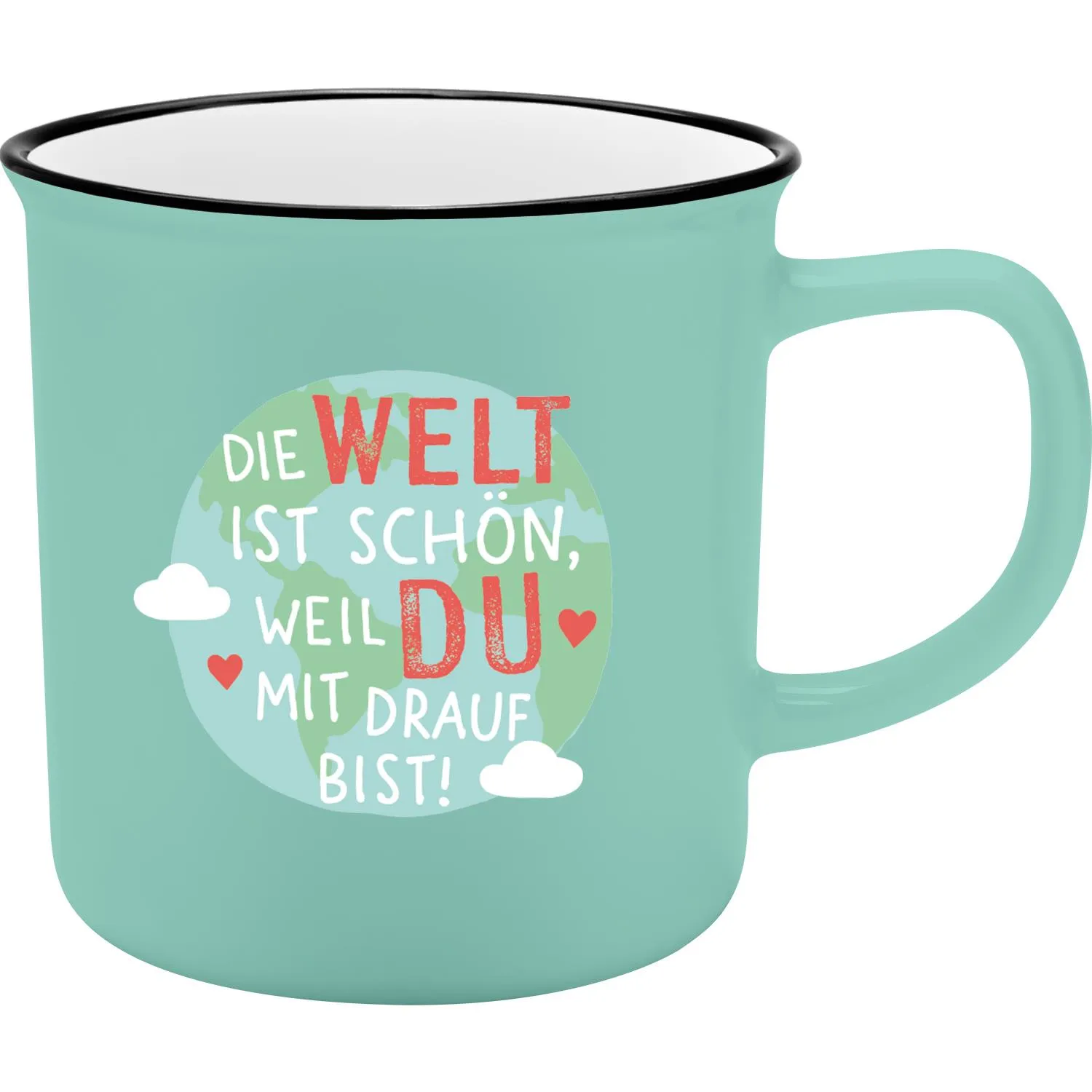 Türkise XL-Tasse mit Globus-Motiv und Spruch