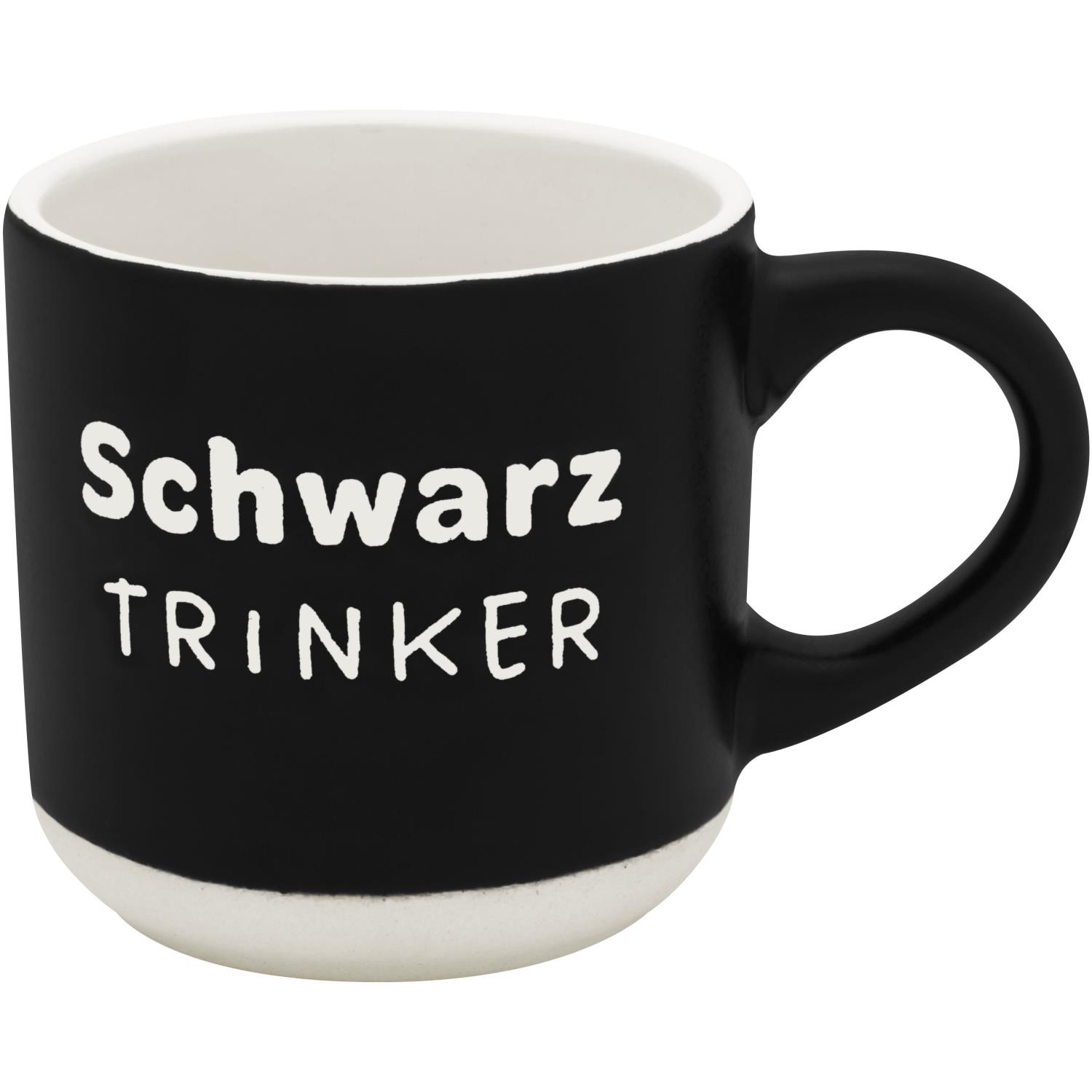 Schwarze Espressotasse aus Steinzeug mit weißem Schriftzug 'Schwarztrinker'
