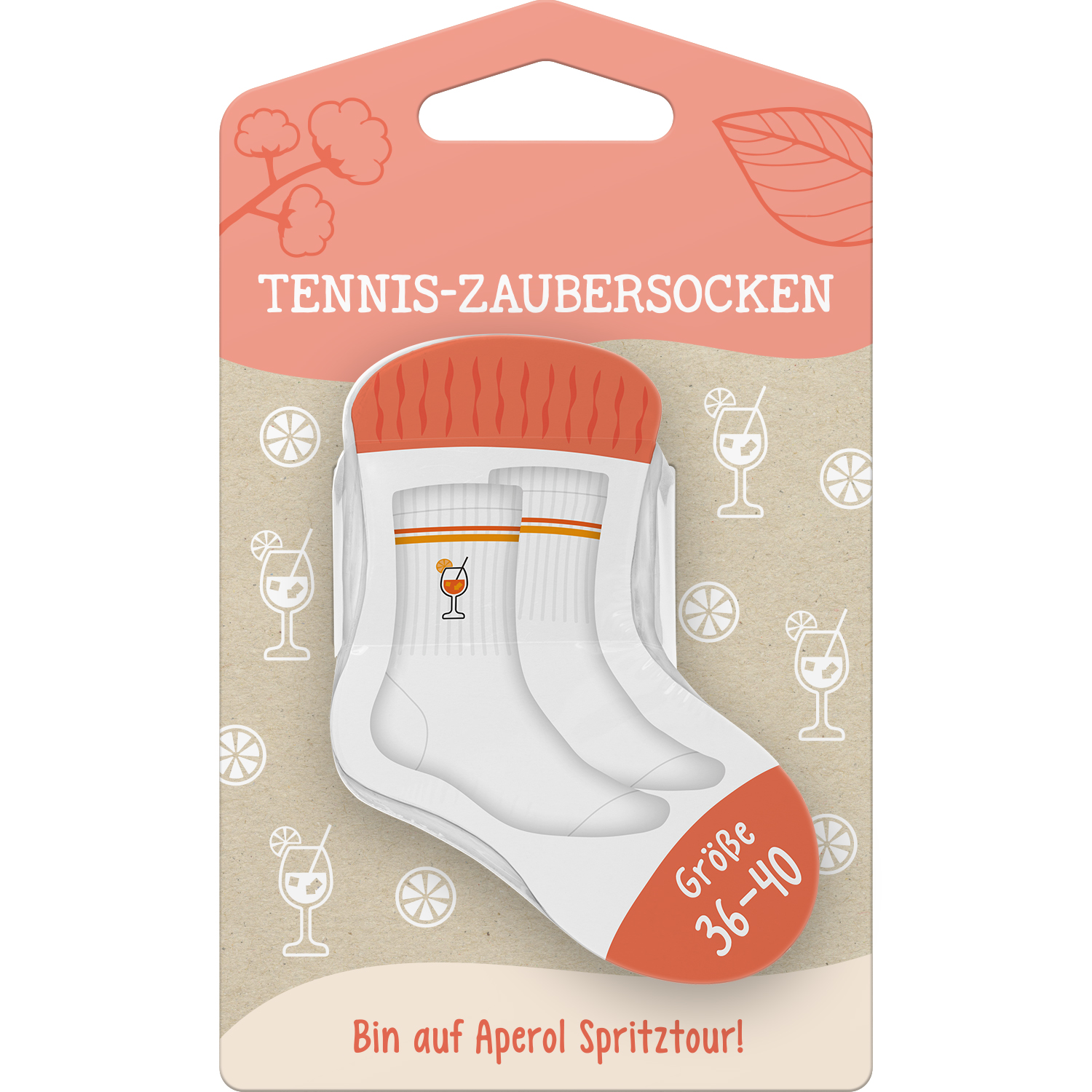 Weiße Socke mit orangen Streifen und Cocktail-Motiv, Tennis-Zaubersocken – Größe 36-40