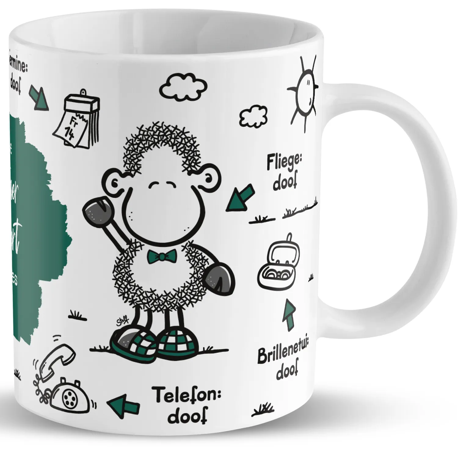 Weiße Porzellan-Tasse mit niedlicher Schäfchen-Illustration und grünen Akzenten.