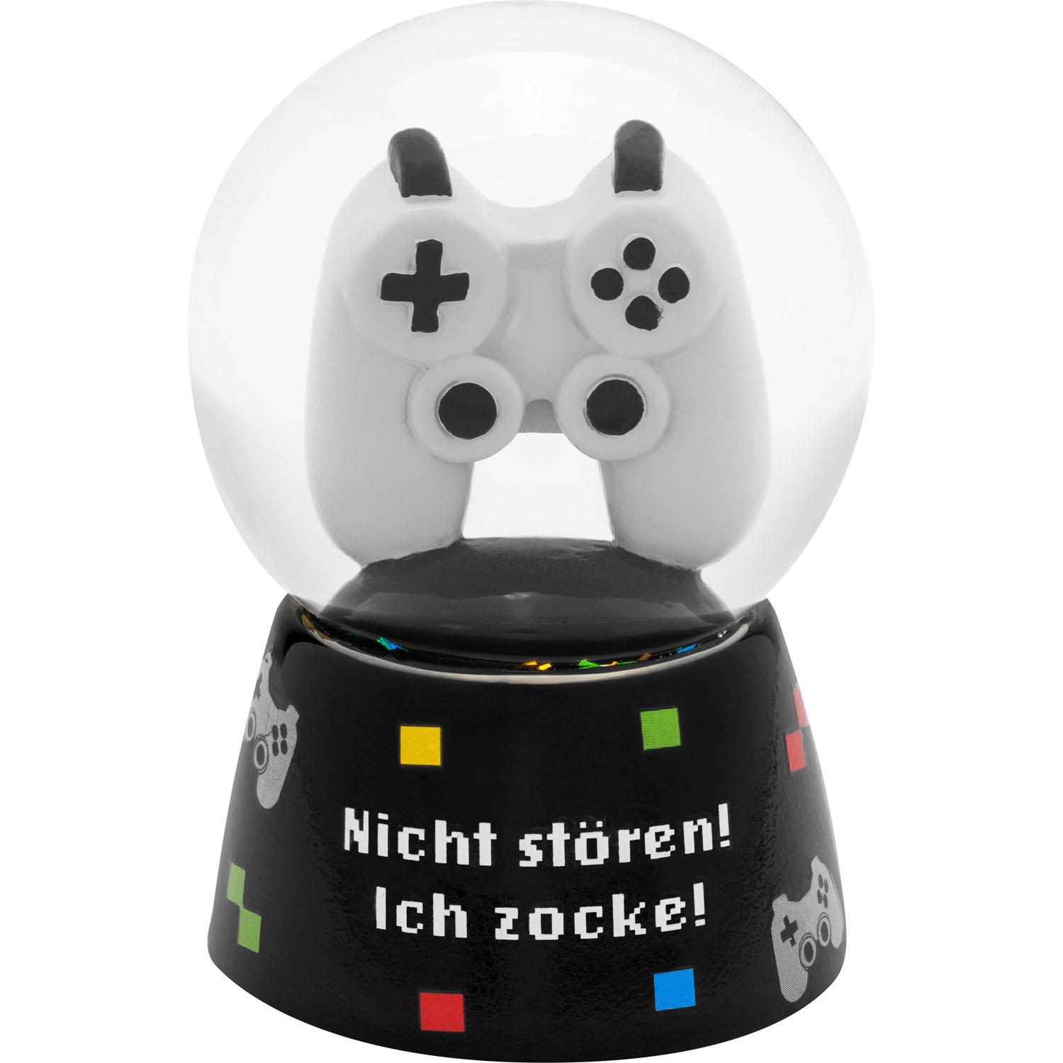 Schneekugel »Zocken« mit Controller im Inneren, schwarzem Sockel, bunten Quadraten und dem Spruch Nicht stören! Ich zocke!