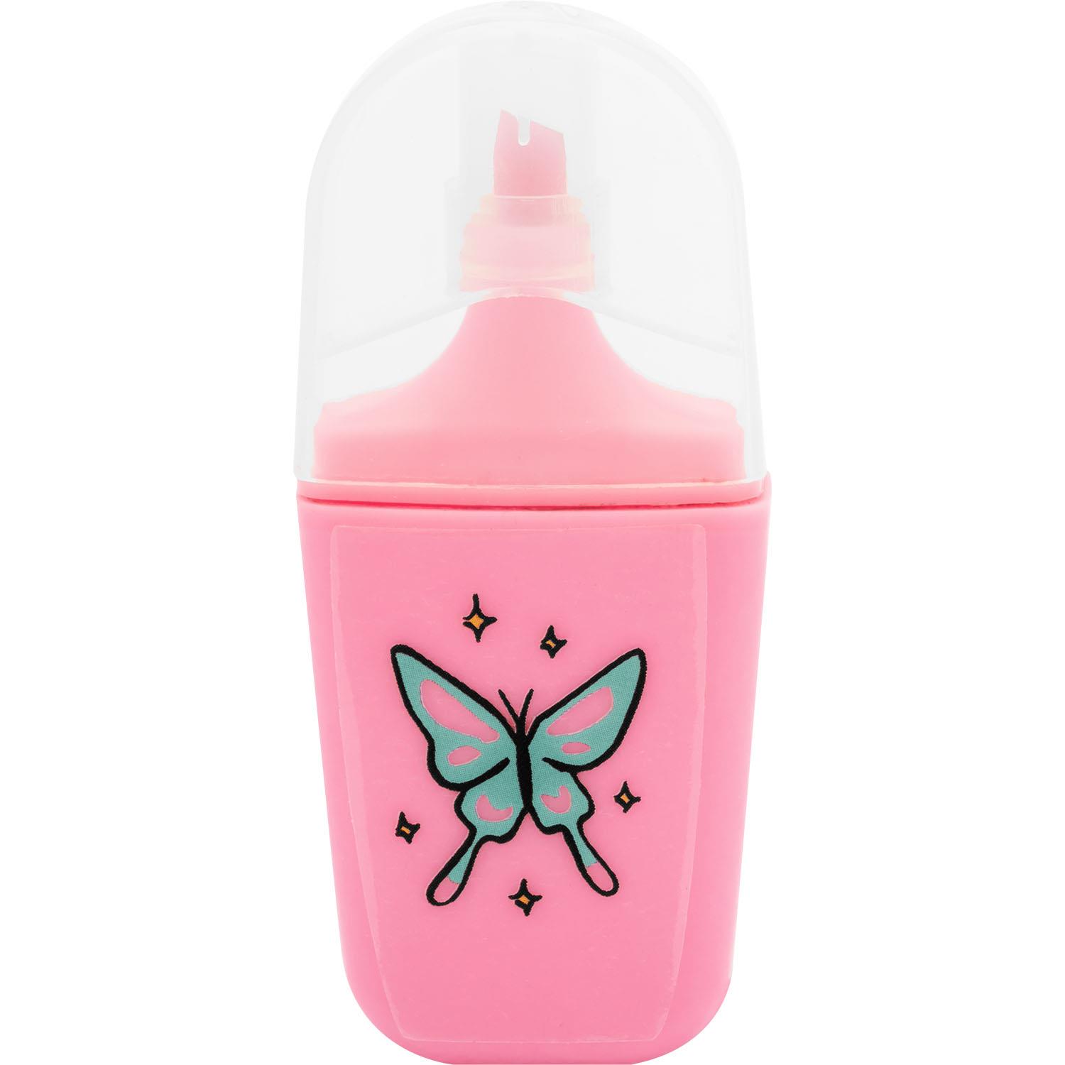 Pinkes Highlighter mit Schmetterlingsmotiv in klarer Kappe.