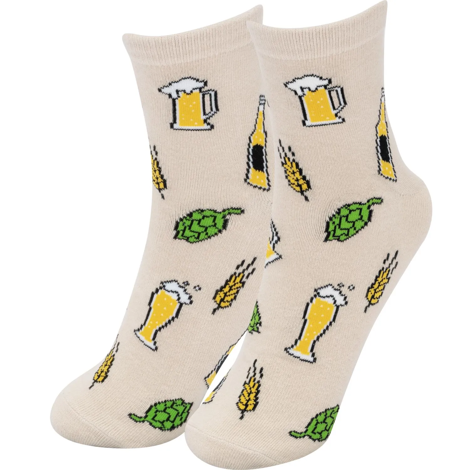 Beigefarbene Zaubersocken mit Bierkrug-, Hopfen- und Gerstenmuster