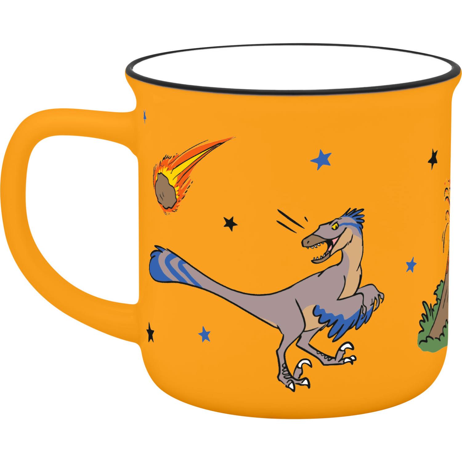 Orangener Becher aus Keramik mit blauem Dino-Motiv und Sternen
