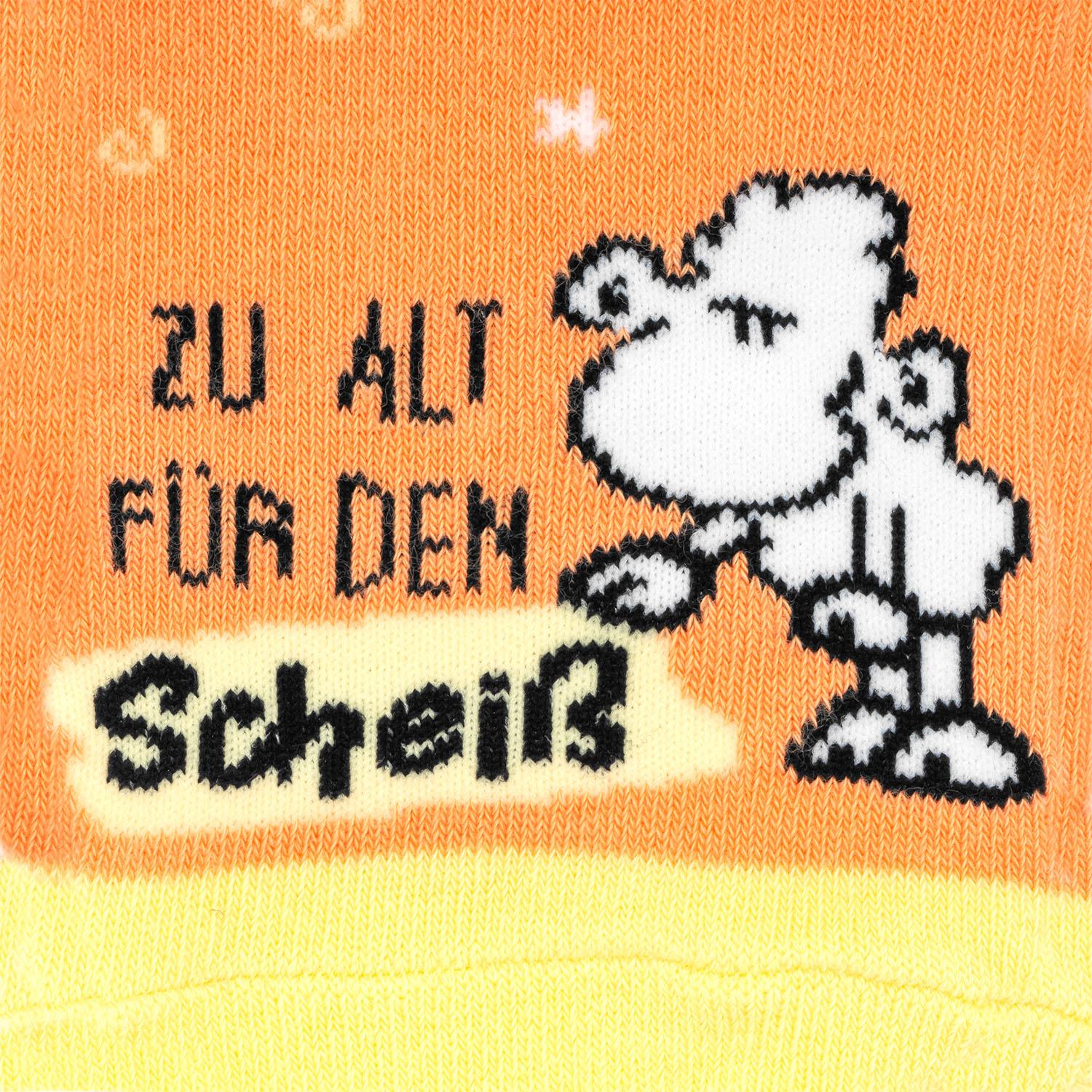 Orangene Socke mit Cartoon-Schaf und dem Spruch Zu alt für den Scheiß