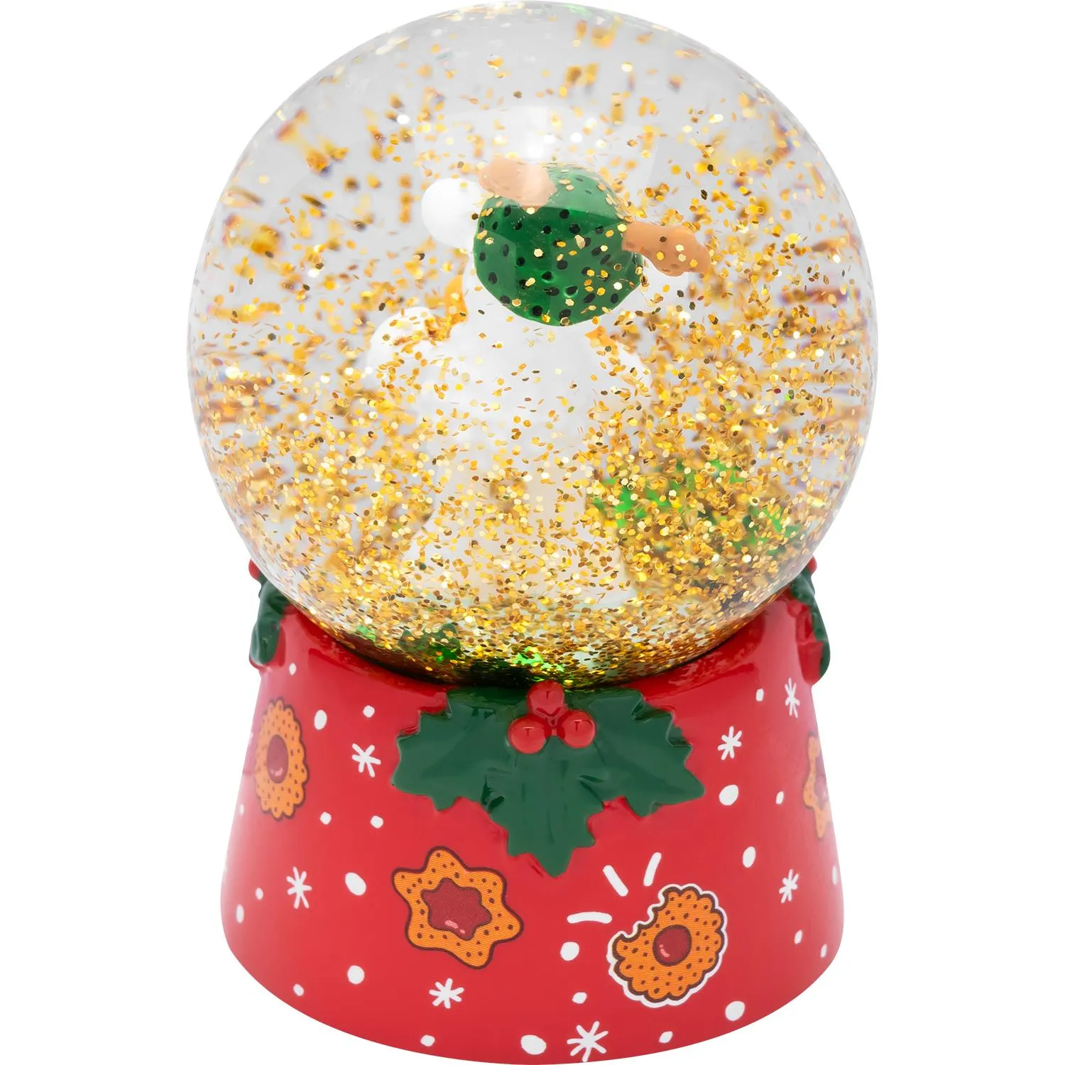 Schneekugel mit goldglitzernder Innenwelt auf rotem Weihnachtssockel.