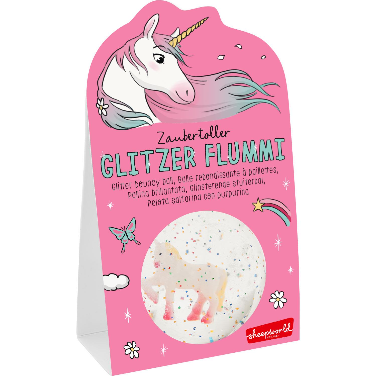 Rosa Verpackung für Glitzerflummi mit Einhorn-Motiv im Fenster