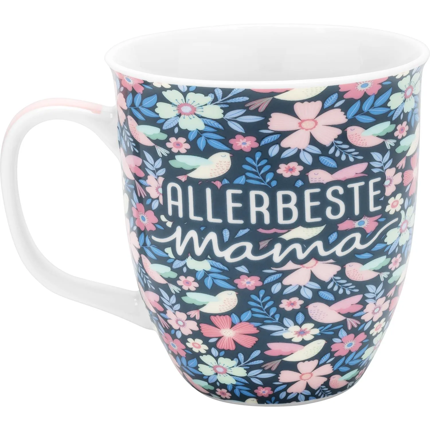 Porzellan-Tasse Allerbeste Mama mit Blumenmuster, Innen- & Henkeldruck