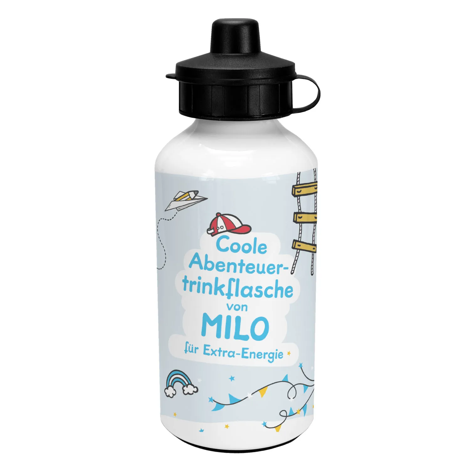 Weiße Aluminium-Trinkflasche mit blauem Abenteuer-Motiv und personalisiertem Namen