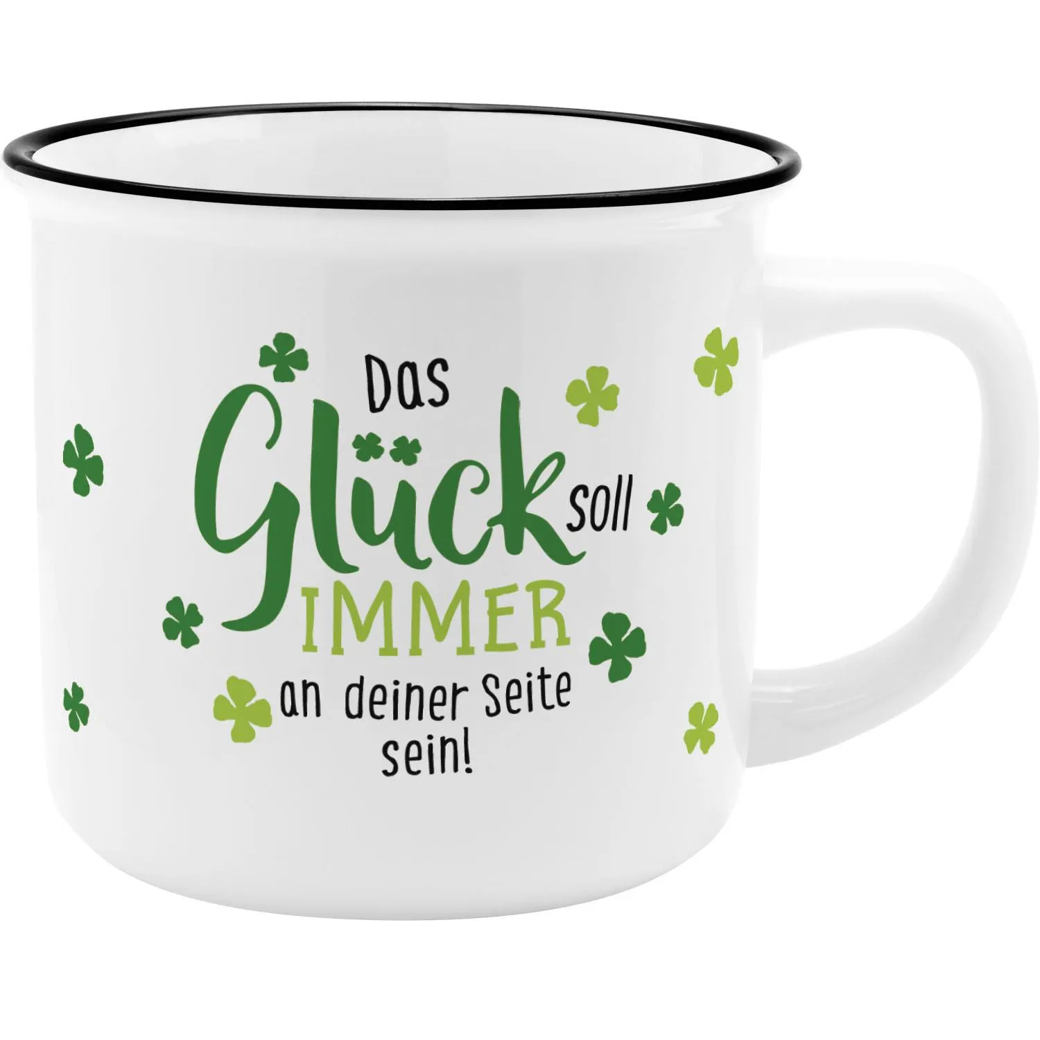 Weiße Becher-Tasse mit grünem Kleeblatt-Druck und schwarzem Text