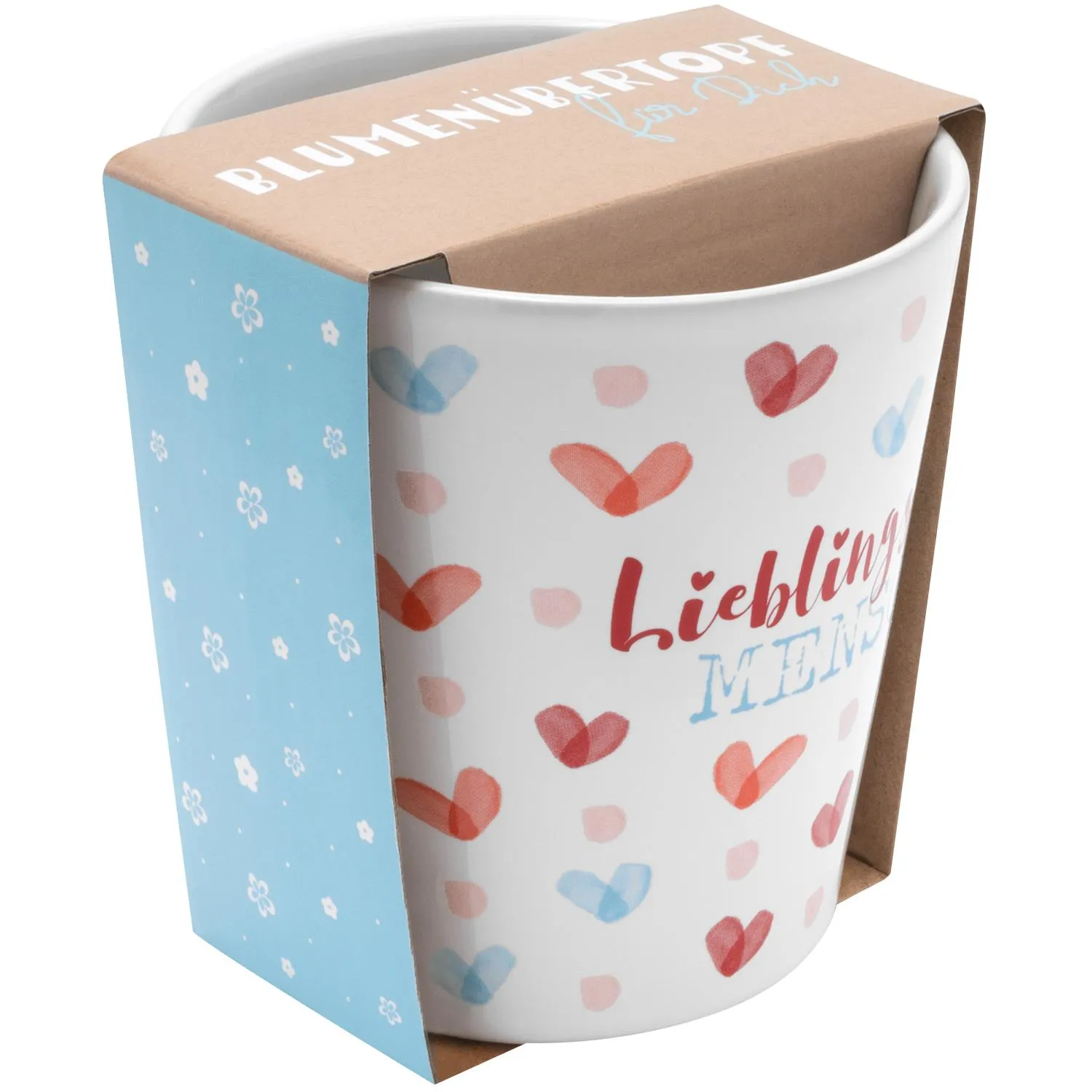 Weiße Keramiktasse mit roten und rosa Herzmotiven und dem Schriftzug Lieblingsmensch.