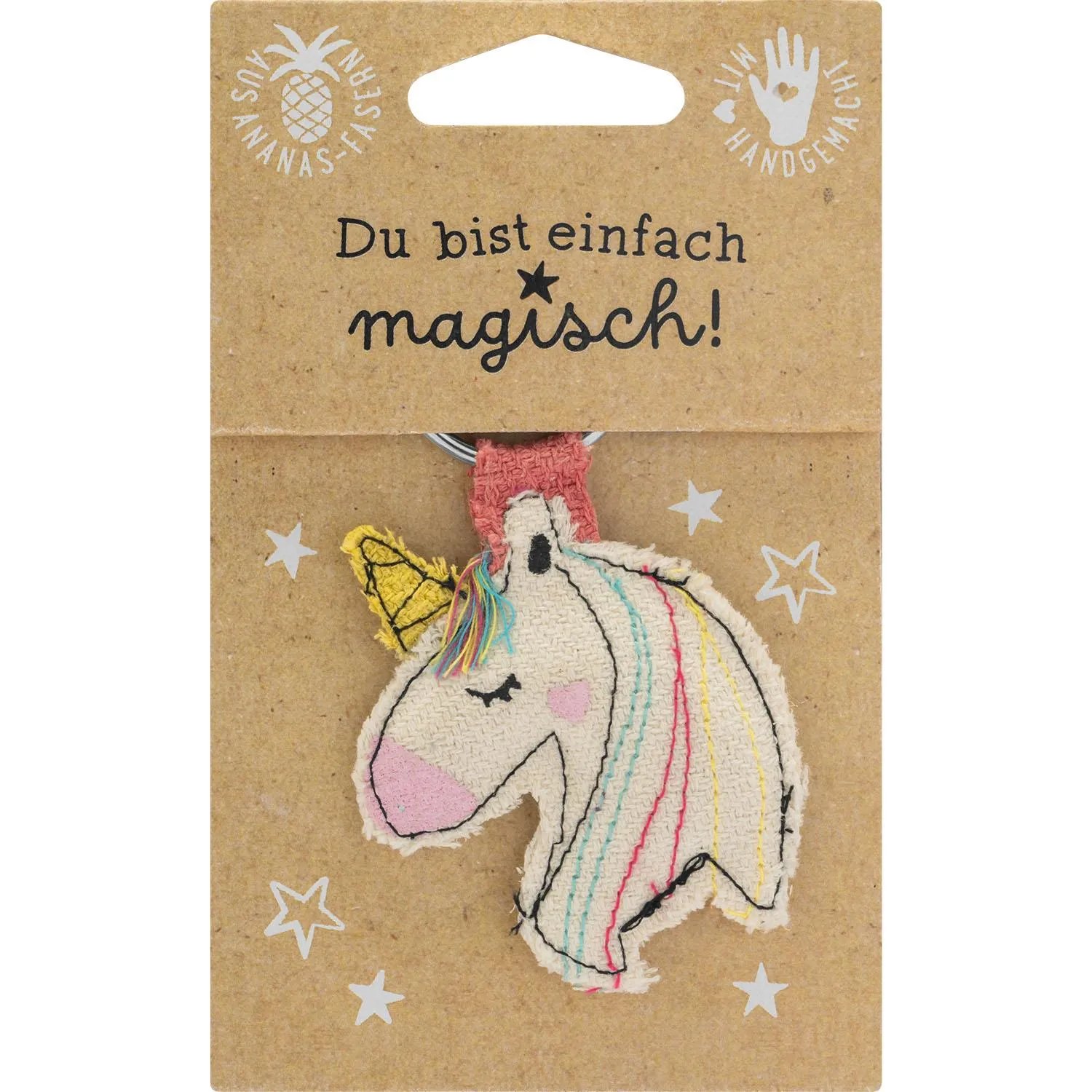 Schlüsselanhänger-Einhorn aus Ananasblattfaser und Baumwolle, bunte Mähnenstreifen