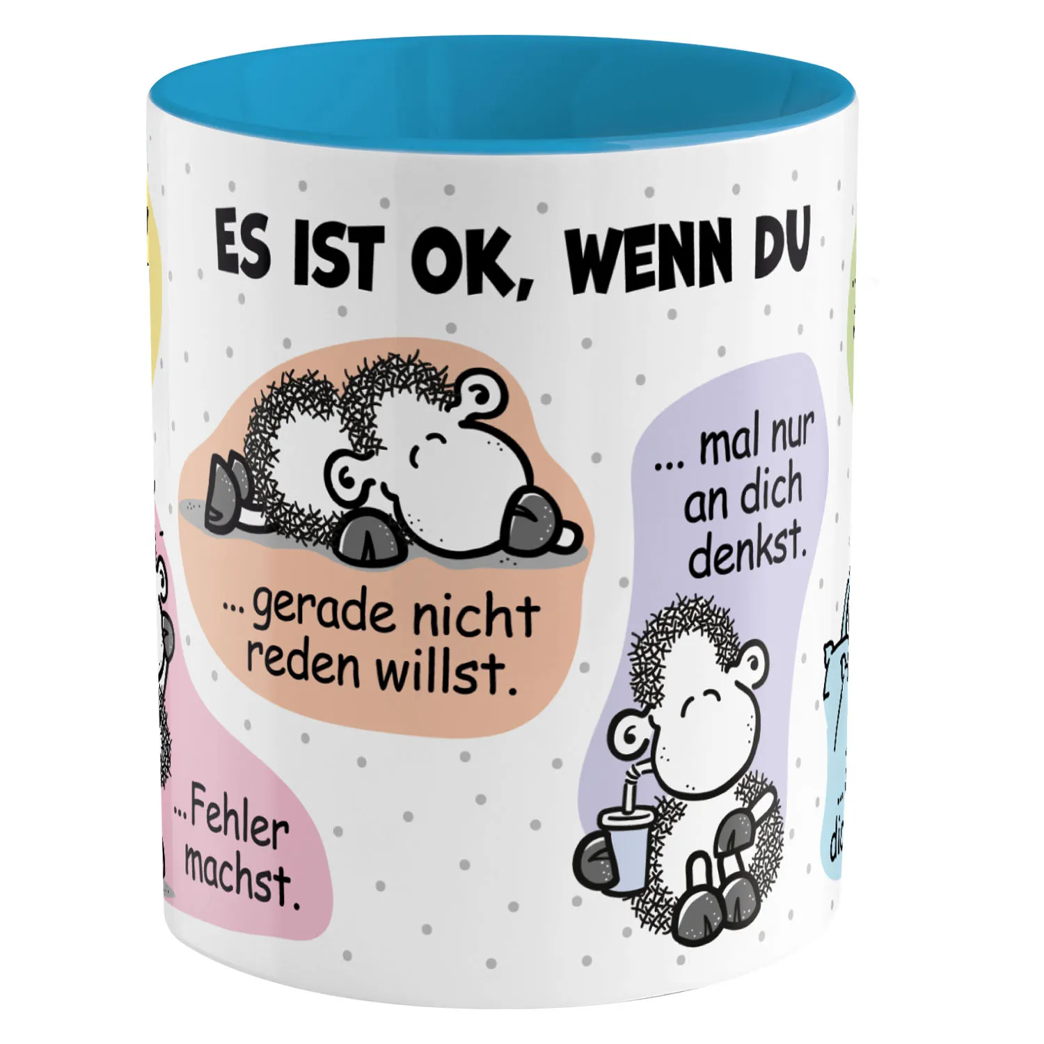 Weiße Porzellan-Tasse mit blauer Innenseite, Schäfchen-Motive und Spruch