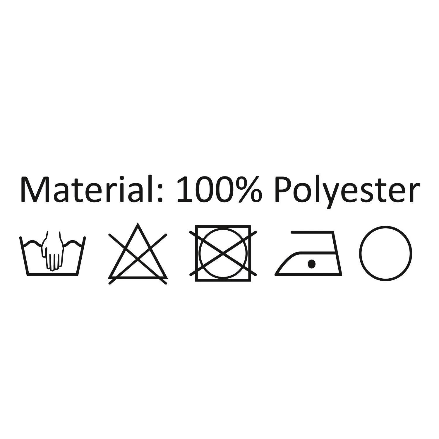 Etikett mit Text 'Material: 100% Polyester' und Pflege-Symbole auf weißem Hintergrund